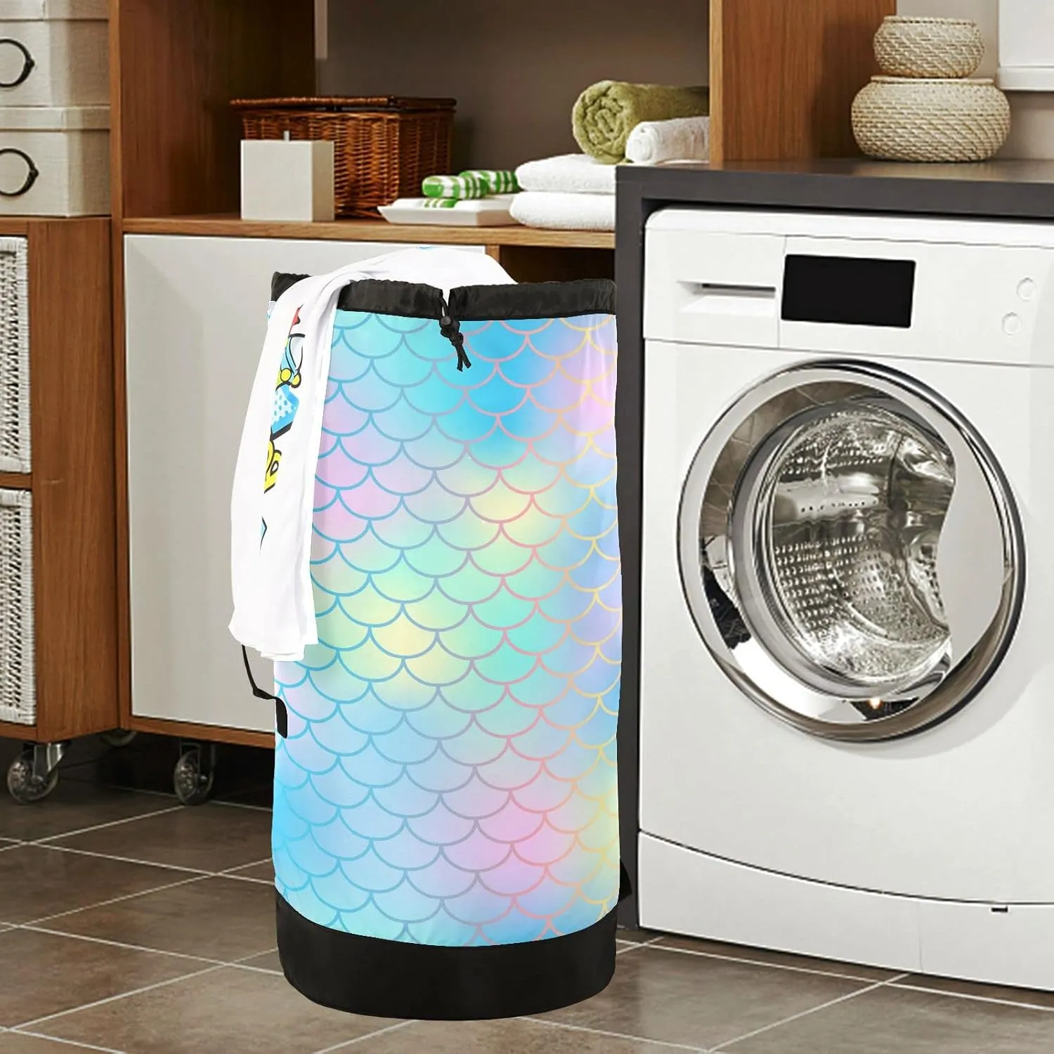 Oyihfvs Colorful Fish Scales Magic Blue Pink Turquoise Mermaid Tail Scales Backpack Laundry Bag, Laundry Backpack with Shoulder Straps, Waterproof Nylon Clothes Hamper Bag for Men Women Yoga Backpack