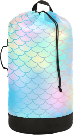 Oyihfvs Colorful Fish Scales Magic Blue Pink Turquoise Mermaid Tail Scales Backpack Laundry Bag, Laundry Backpack with Shoulder Straps, Waterproof Nylon Clothes Hamper Bag for Men Women Yoga Backpack