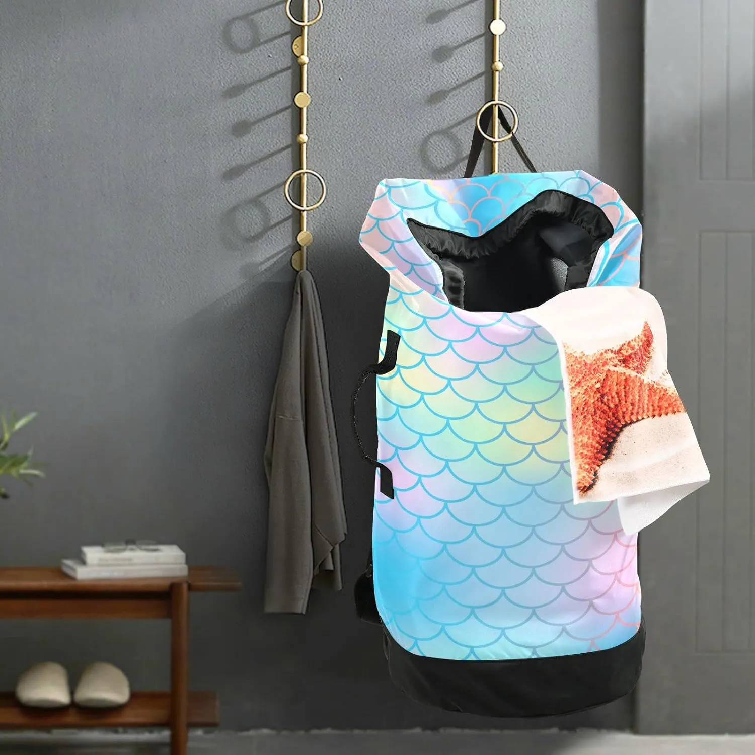 Oyihfvs Colorful Fish Scales Magic Blue Pink Turquoise Mermaid Tail Scales Backpack Laundry Bag, Laundry Backpack with Shoulder Straps, Waterproof Nylon Clothes Hamper Bag for Men Women Yoga Backpack