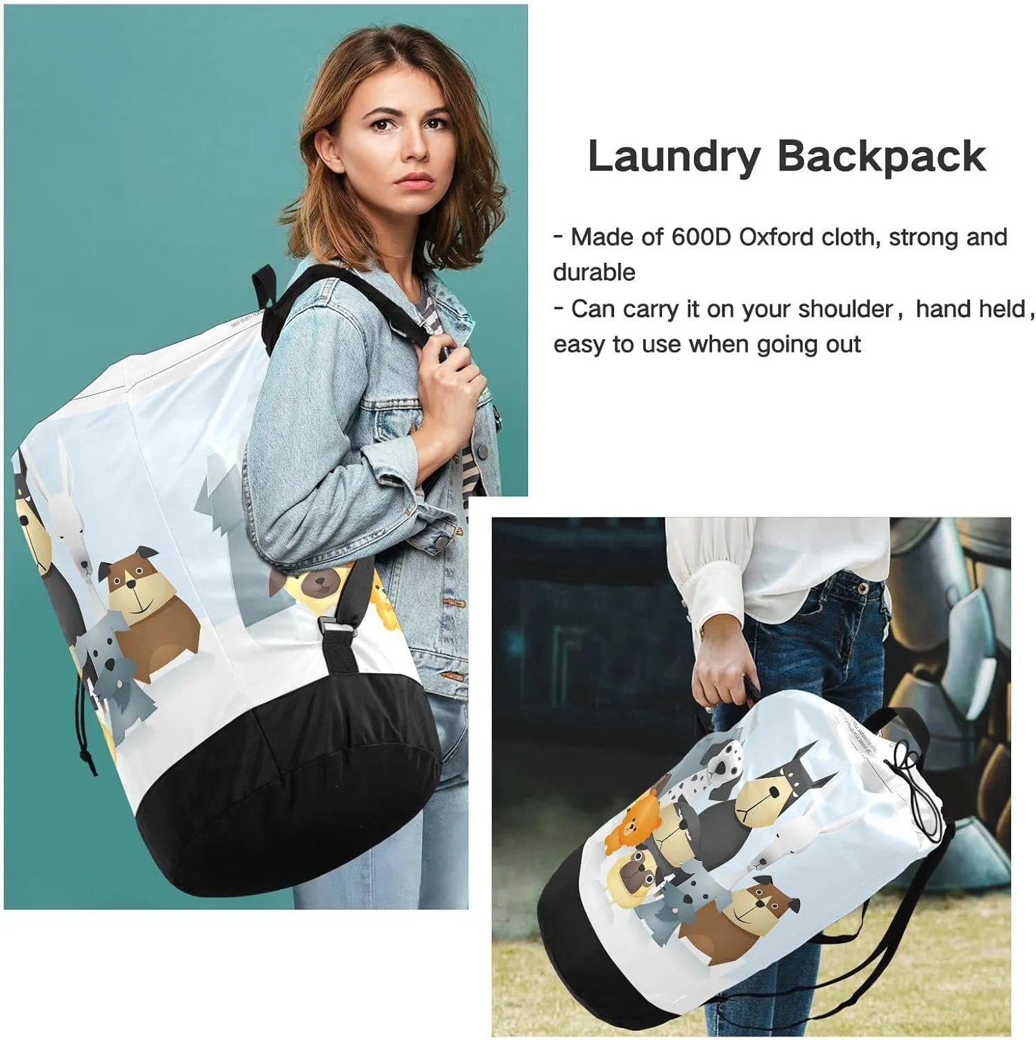 Oyihfvs Different Cute Dog Breeds Backpack Laundry Bag, Laundry Backpack with Shoulder Straps, Waterproof Nylon Clothes Hamper Bag for Men Women Yoga Backpack