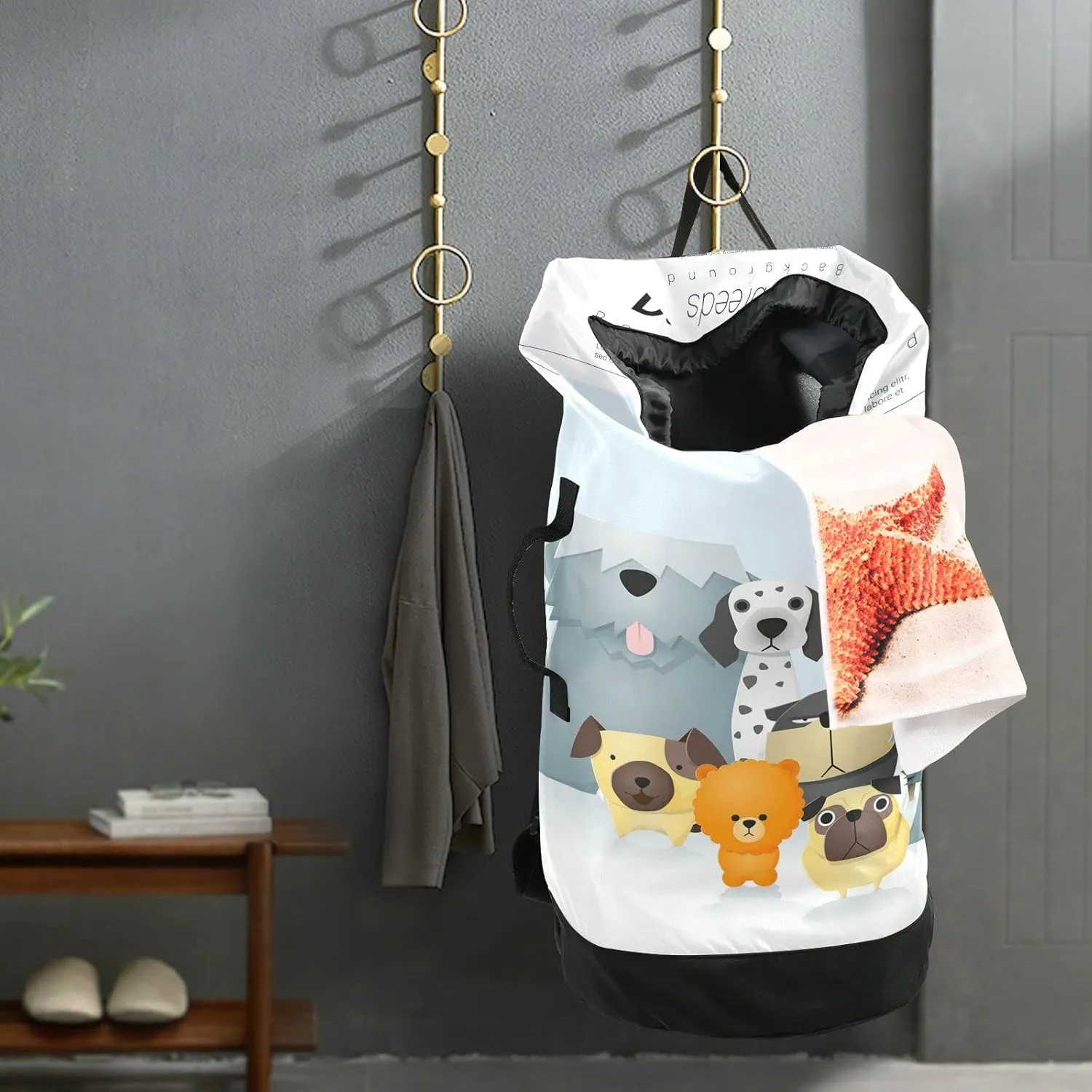 Oyihfvs Different Cute Dog Breeds Backpack Laundry Bag, Laundry Backpack with Shoulder Straps, Waterproof Nylon Clothes Hamper Bag for Men Women Yoga Backpack