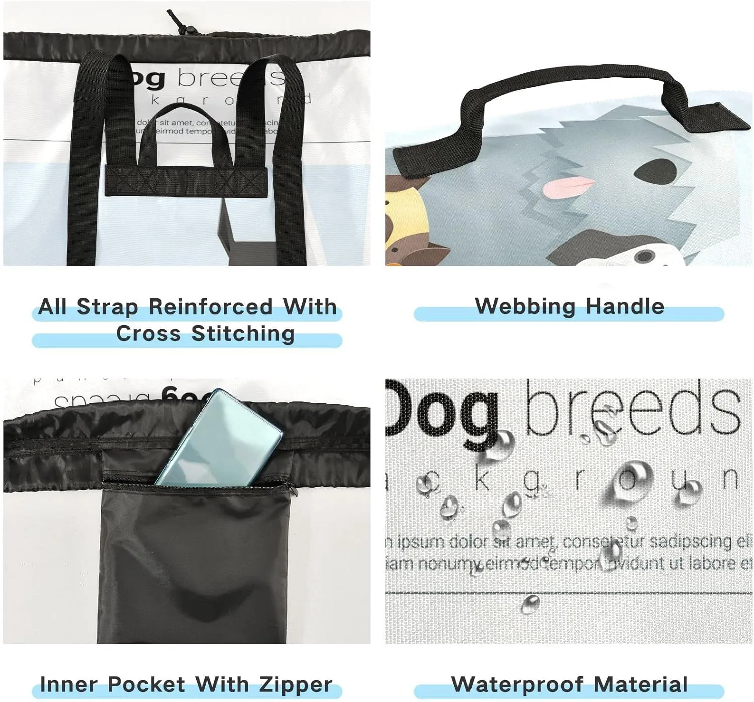 Oyihfvs Different Cute Dog Breeds Backpack Laundry Bag, Laundry Backpack with Shoulder Straps, Waterproof Nylon Clothes Hamper Bag for Men Women Yoga Backpack