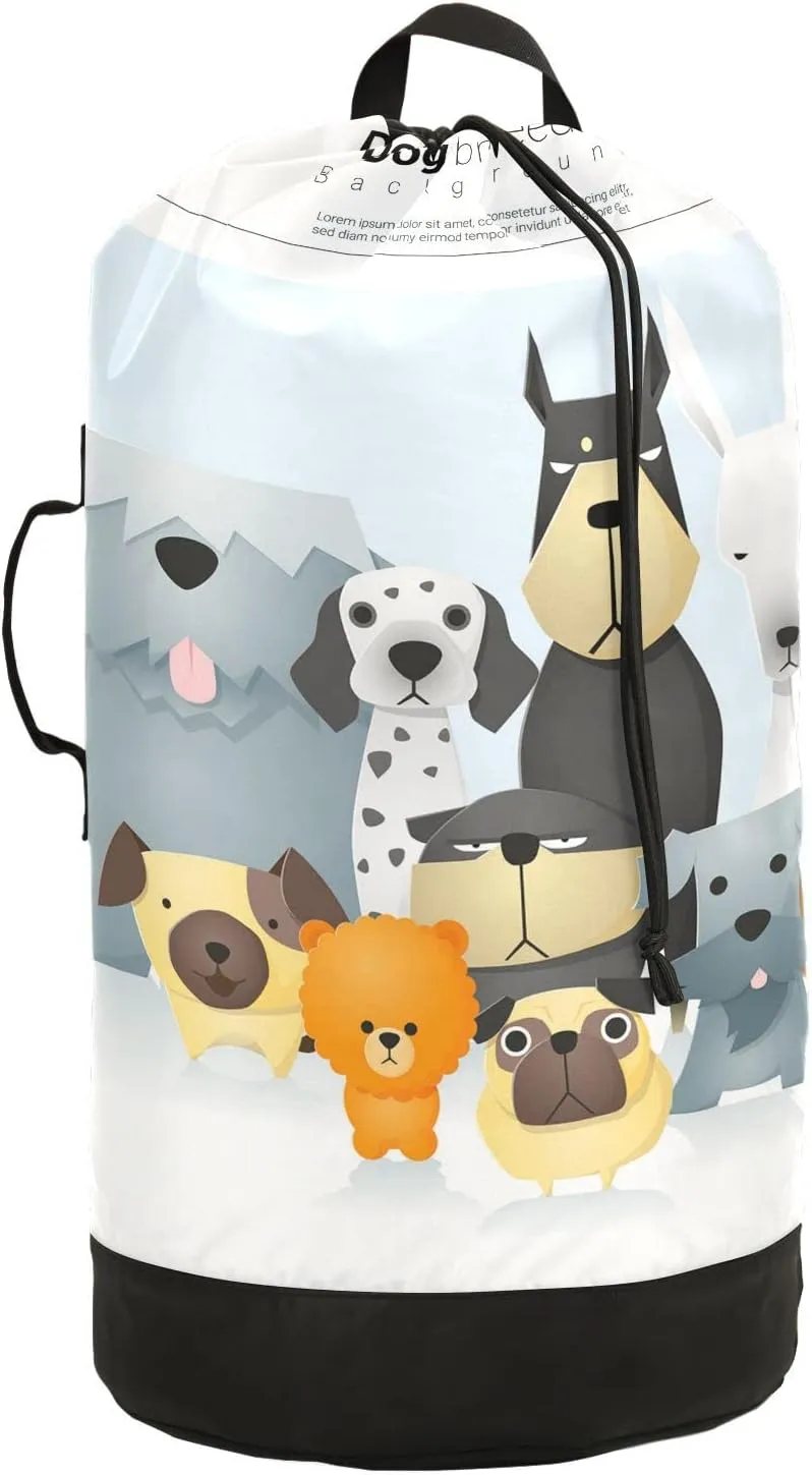 Oyihfvs Different Cute Dog Breeds Backpack Laundry Bag, Laundry Backpack with Shoulder Straps, Waterproof Nylon Clothes Hamper Bag for Men Women Yoga Backpack