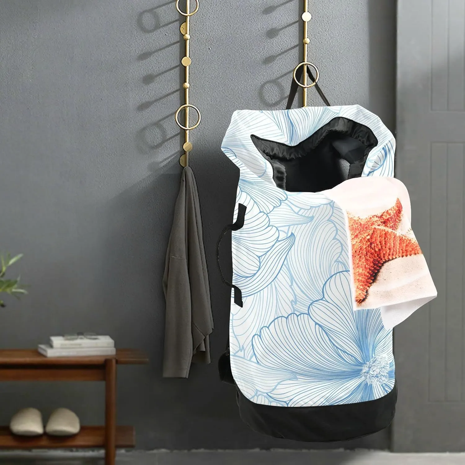 Oyihfvs Elegant Seamless Pattern with Light Blue Flowers Backpack Laundry Bag, Laundry Backpack with Shoulder Straps, Waterproof Nylon Clothes Hamper Bag for Men Women Yoga Backpack