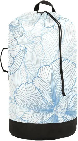 Oyihfvs Elegant Seamless Pattern with Light Blue Flowers Backpack Laundry Bag, Laundry Backpack with Shoulder Straps, Waterproof Nylon Clothes Hamper Bag for Men Women Yoga Backpack