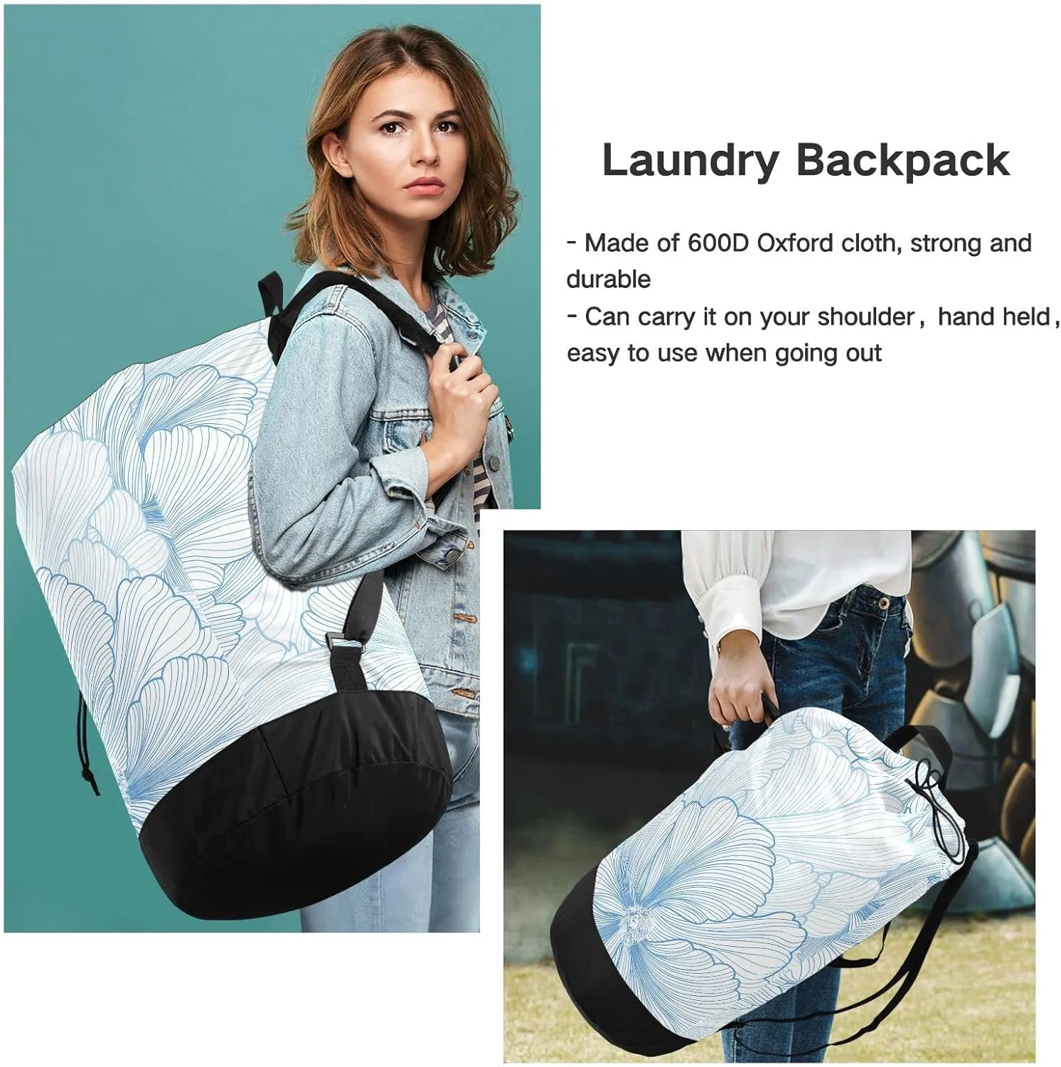 Oyihfvs Elegant Seamless Pattern with Light Blue Flowers Backpack Laundry Bag, Laundry Backpack with Shoulder Straps, Waterproof Nylon Clothes Hamper Bag for Men Women Yoga Backpack