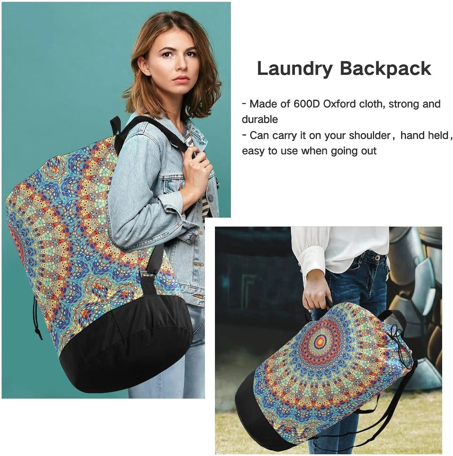 Oyihfvs Ethnic Tribal Mandala Ornament Mosaic Digital Fractal Retro Style Backpack Laundry Bag, Laundry Backpack with Shoulder Straps, Waterproof Nylon Clothes Hamper Bag for Men Women Yoga Backpack