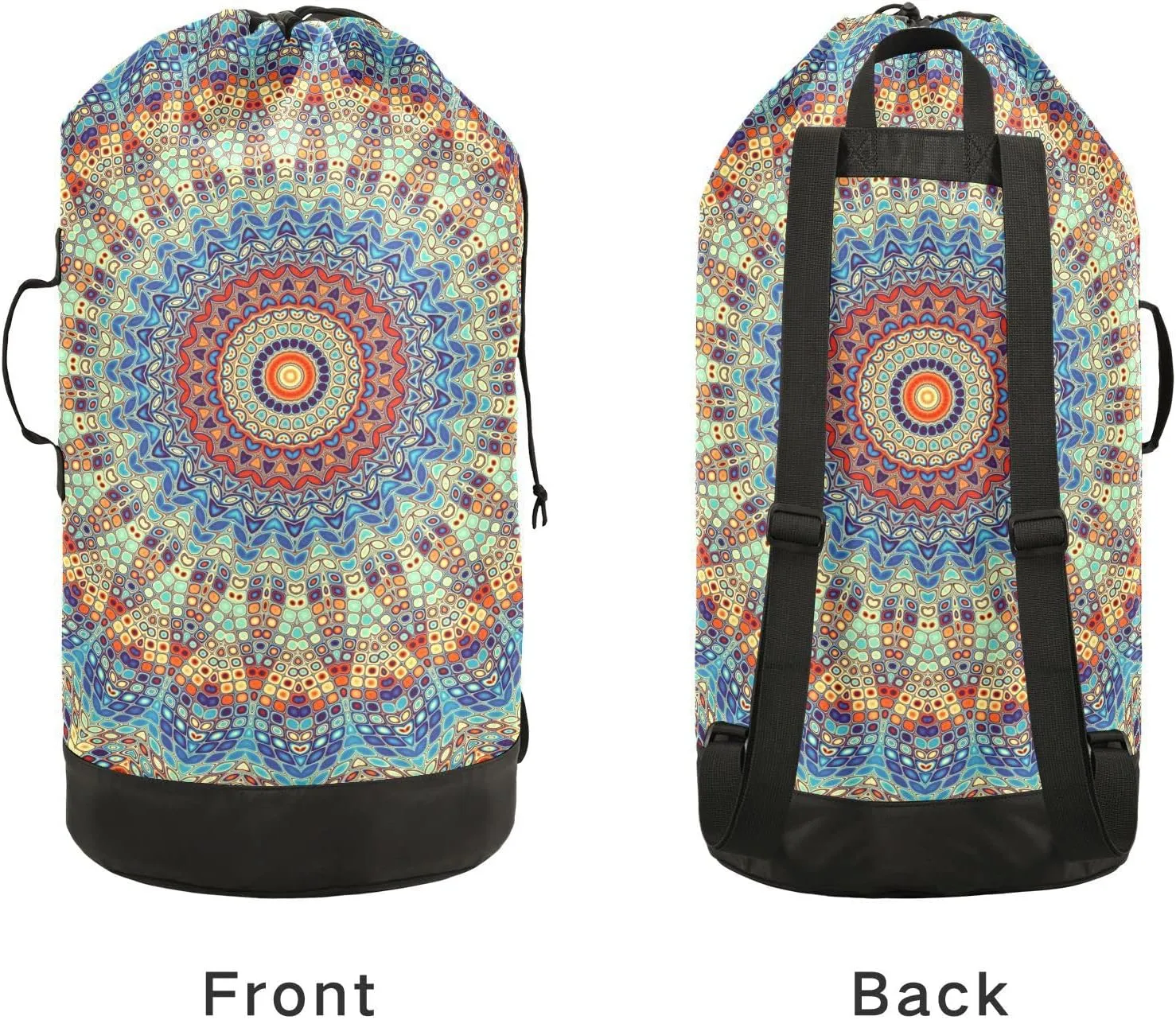 Oyihfvs Ethnic Tribal Mandala Ornament Mosaic Digital Fractal Retro Style Backpack Laundry Bag, Laundry Backpack with Shoulder Straps, Waterproof Nylon Clothes Hamper Bag for Men Women Yoga Backpack