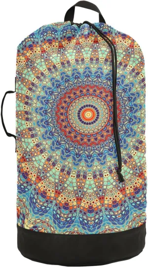 Oyihfvs Ethnic Tribal Mandala Ornament Mosaic Digital Fractal Retro Style Backpack Laundry Bag, Laundry Backpack with Shoulder Straps, Waterproof Nylon Clothes Hamper Bag for Men Women Yoga Backpack