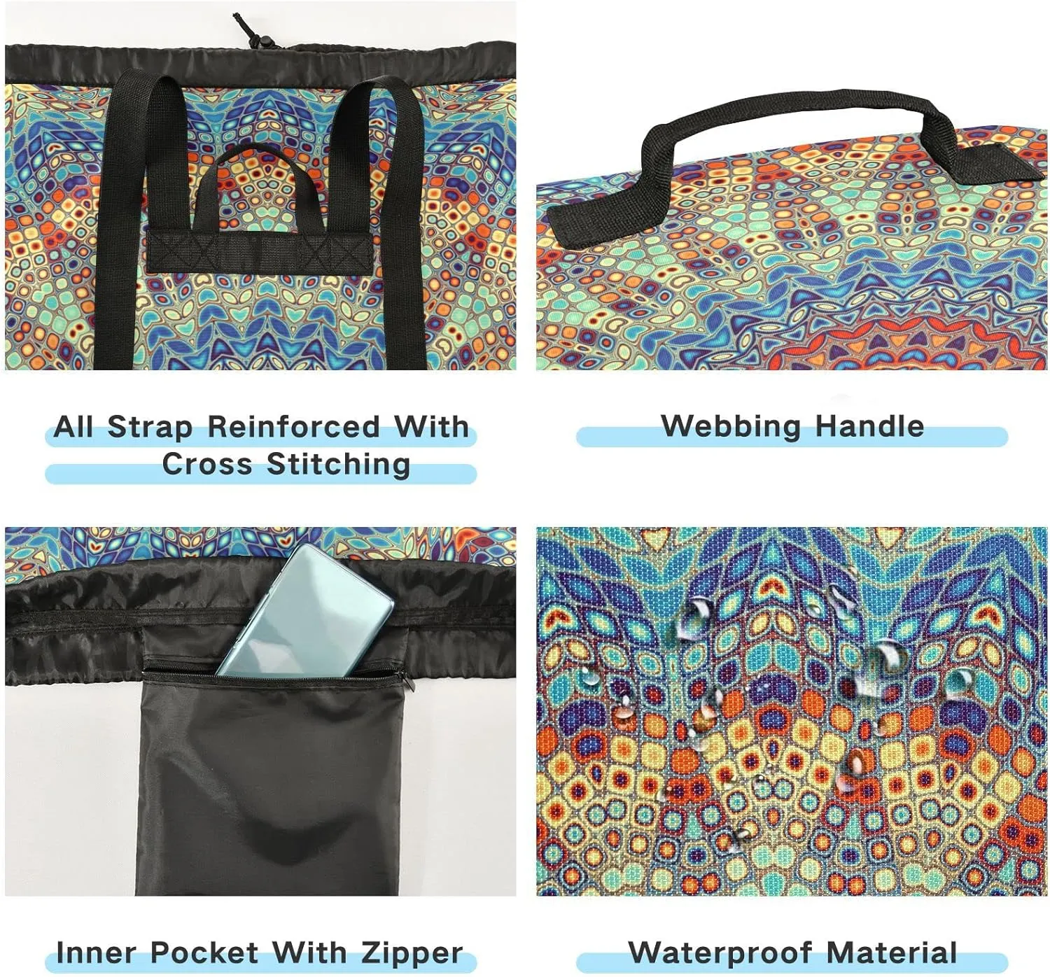 Oyihfvs Ethnic Tribal Mandala Ornament Mosaic Digital Fractal Retro Style Backpack Laundry Bag, Laundry Backpack with Shoulder Straps, Waterproof Nylon Clothes Hamper Bag for Men Women Yoga Backpack