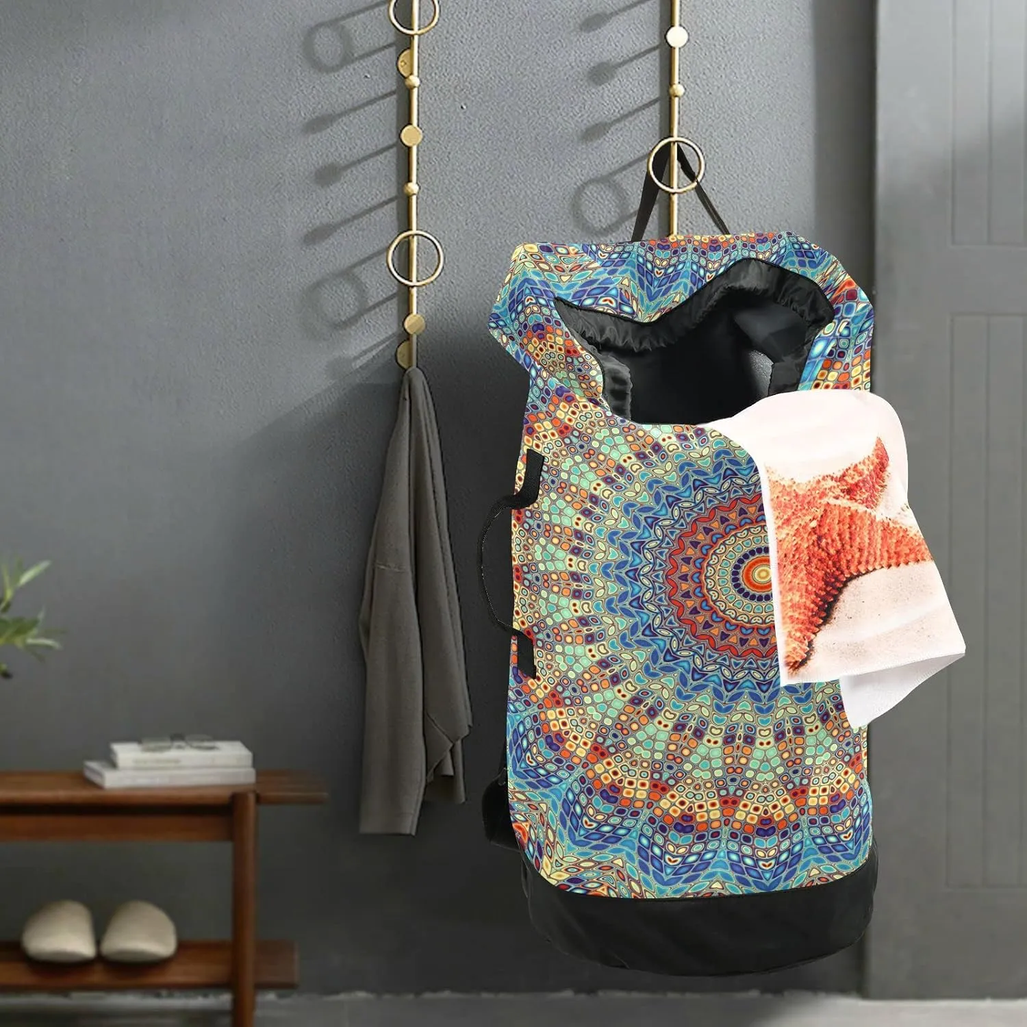 Oyihfvs Ethnic Tribal Mandala Ornament Mosaic Digital Fractal Retro Style Backpack Laundry Bag, Laundry Backpack with Shoulder Straps, Waterproof Nylon Clothes Hamper Bag for Men Women Yoga Backpack