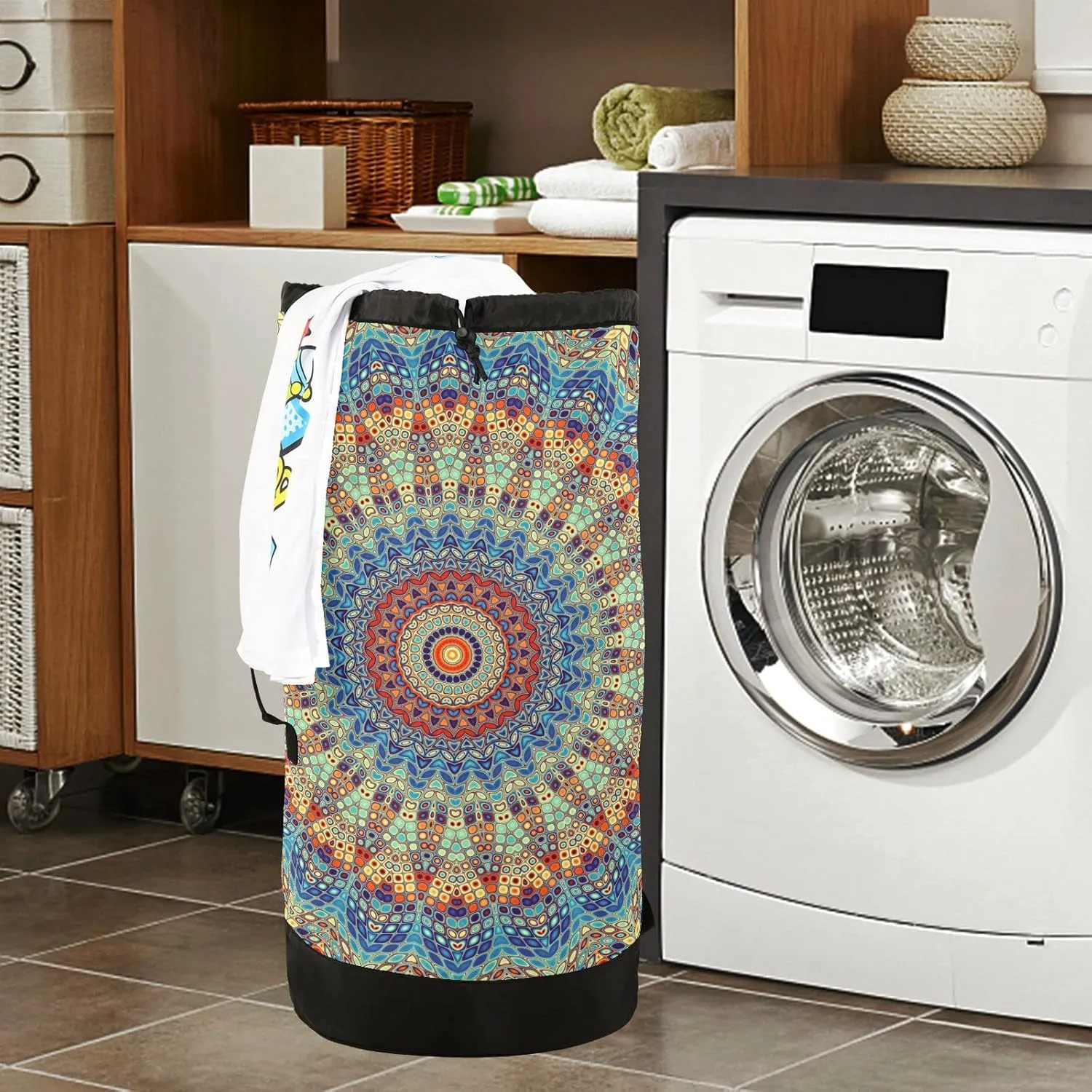 Oyihfvs Ethnic Tribal Mandala Ornament Mosaic Digital Fractal Retro Style Backpack Laundry Bag, Laundry Backpack with Shoulder Straps, Waterproof Nylon Clothes Hamper Bag for Men Women Yoga Backpack