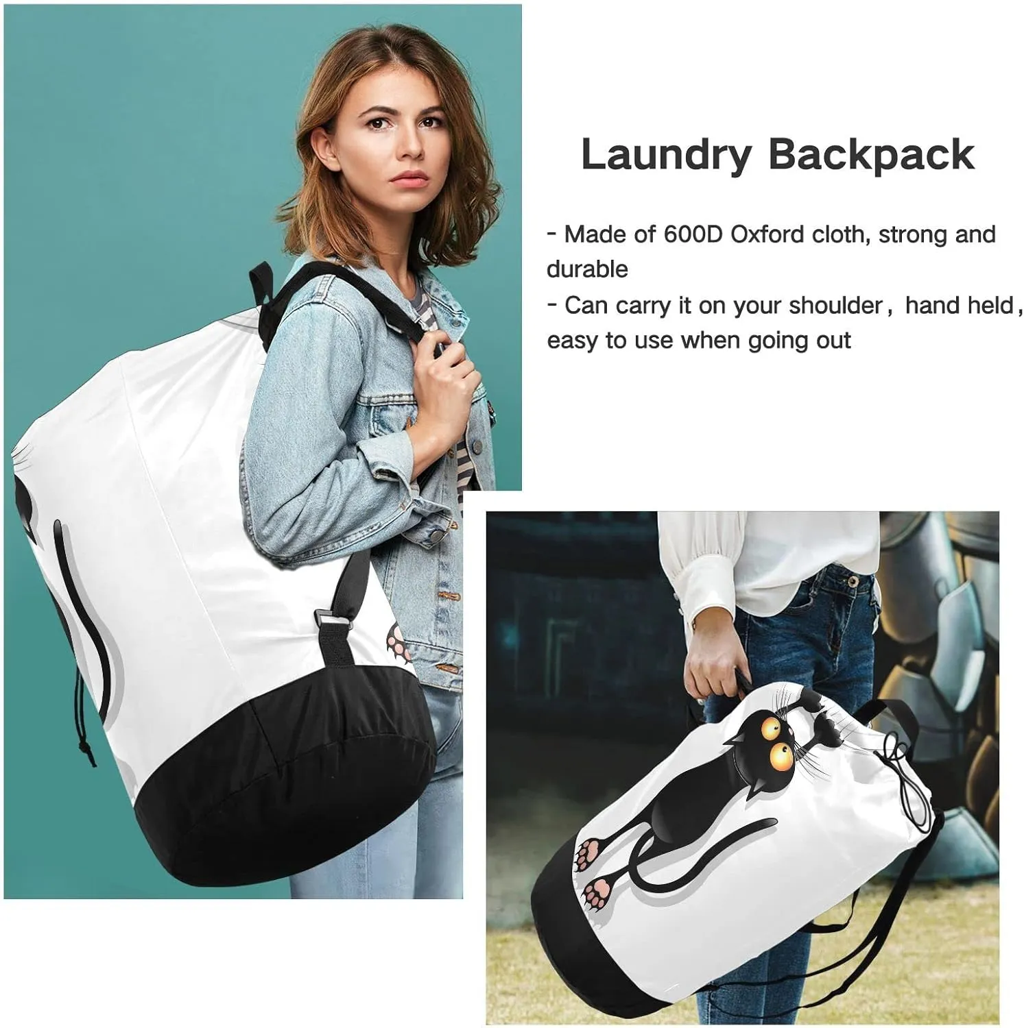 Oyihfvs Funny Black Cat Cartoon Scratching Curtains on White Backpack Laundry Bag, Laundry Backpack with Shoulder Straps, Waterproof Nylon Clothes Hamper Bag for Men Women Yoga Backpack