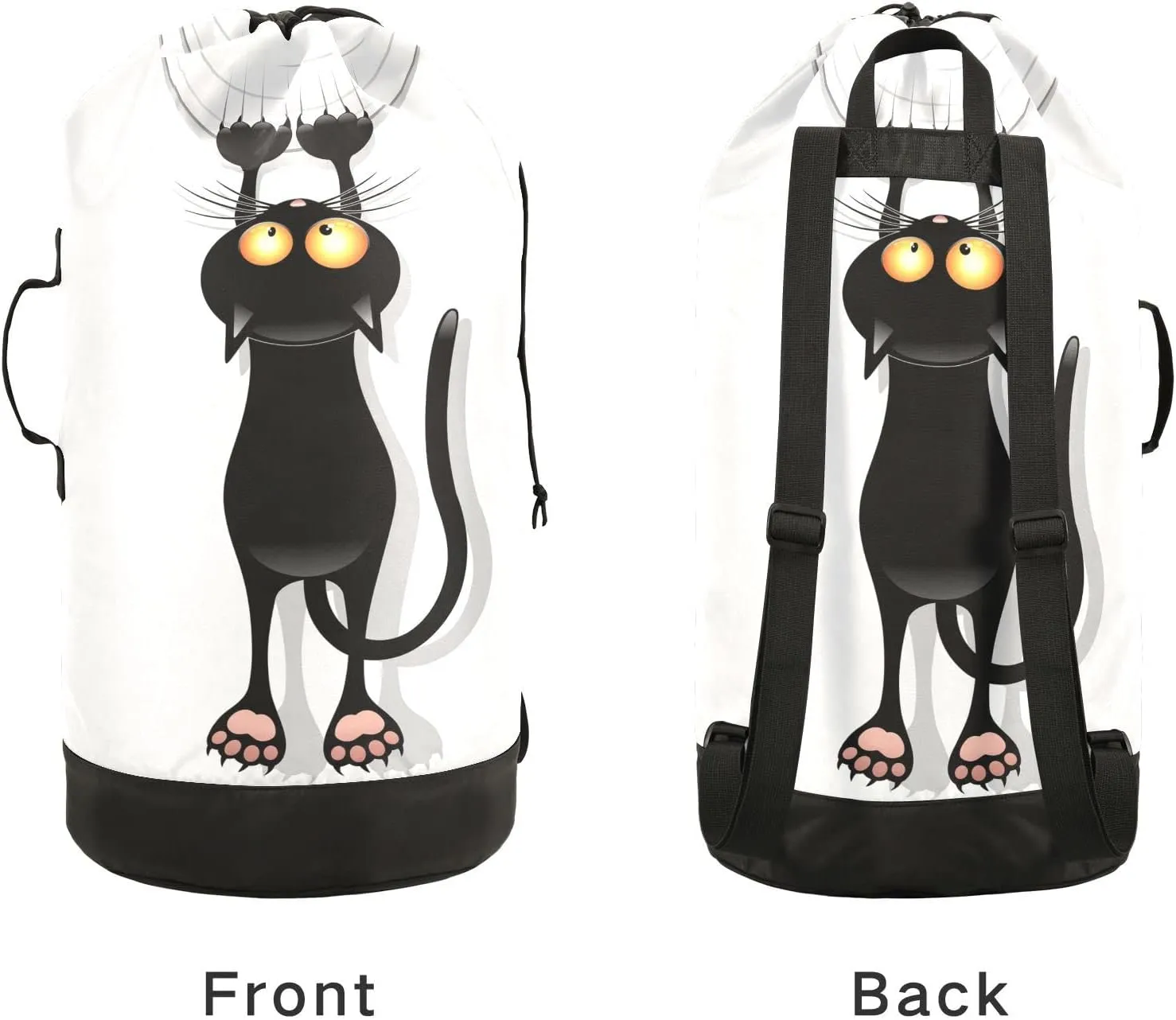 Oyihfvs Funny Black Cat Cartoon Scratching Curtains on White Backpack Laundry Bag, Laundry Backpack with Shoulder Straps, Waterproof Nylon Clothes Hamper Bag for Men Women Yoga Backpack