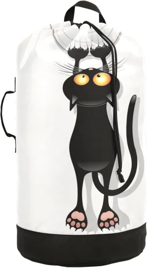 Oyihfvs Funny Black Cat Cartoon Scratching Curtains on White Backpack Laundry Bag, Laundry Backpack with Shoulder Straps, Waterproof Nylon Clothes Hamper Bag for Men Women Yoga Backpack