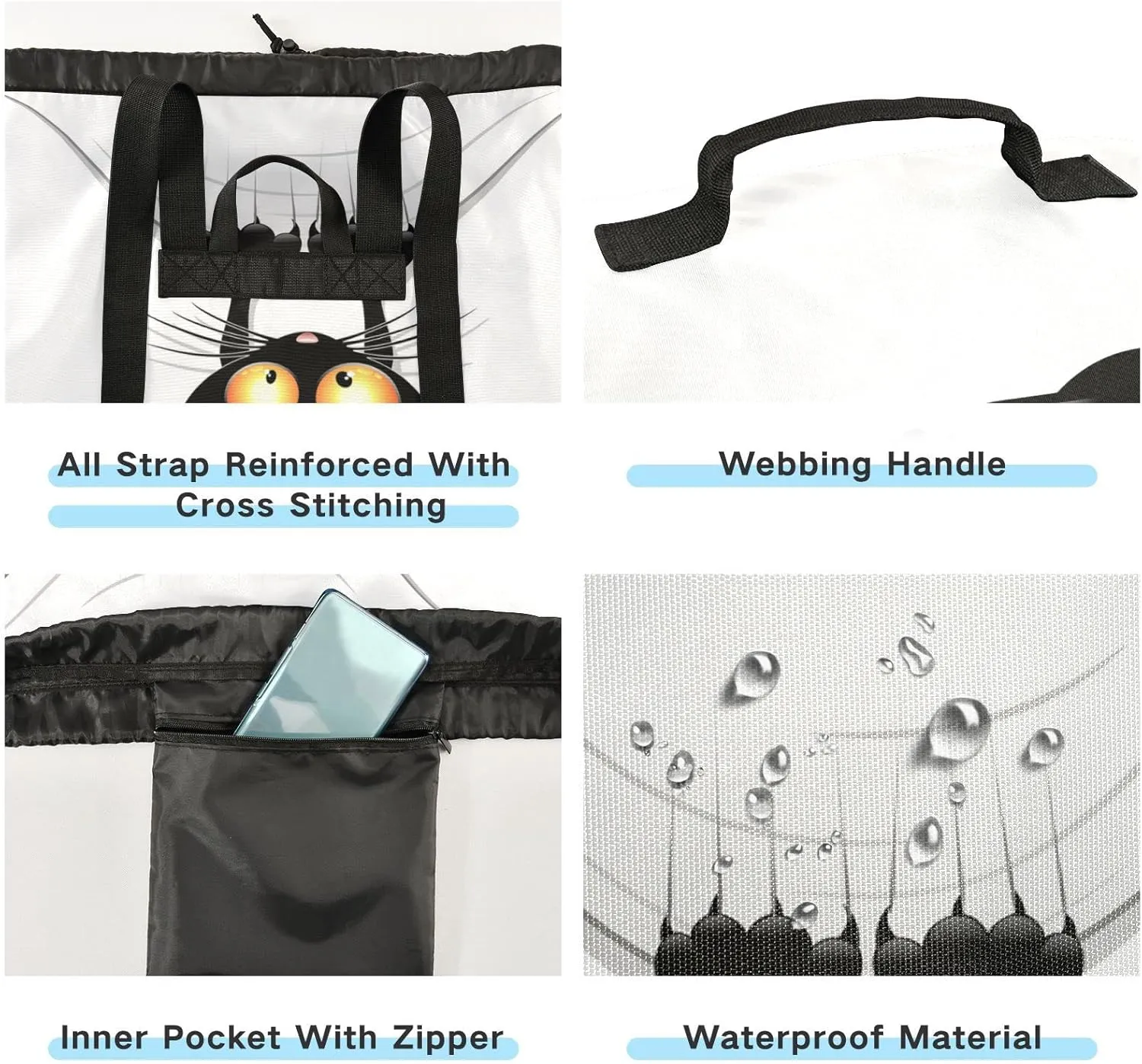 Oyihfvs Funny Black Cat Cartoon Scratching Curtains on White Backpack Laundry Bag, Laundry Backpack with Shoulder Straps, Waterproof Nylon Clothes Hamper Bag for Men Women Yoga Backpack