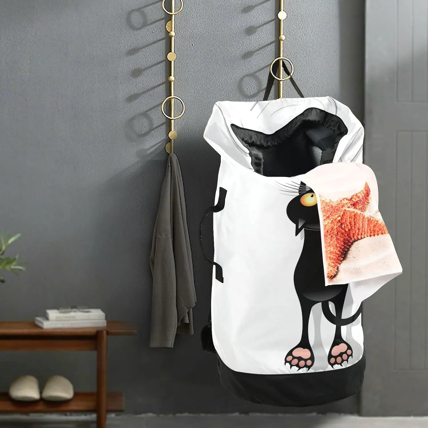 Oyihfvs Funny Black Cat Cartoon Scratching Curtains on White Backpack Laundry Bag, Laundry Backpack with Shoulder Straps, Waterproof Nylon Clothes Hamper Bag for Men Women Yoga Backpack
