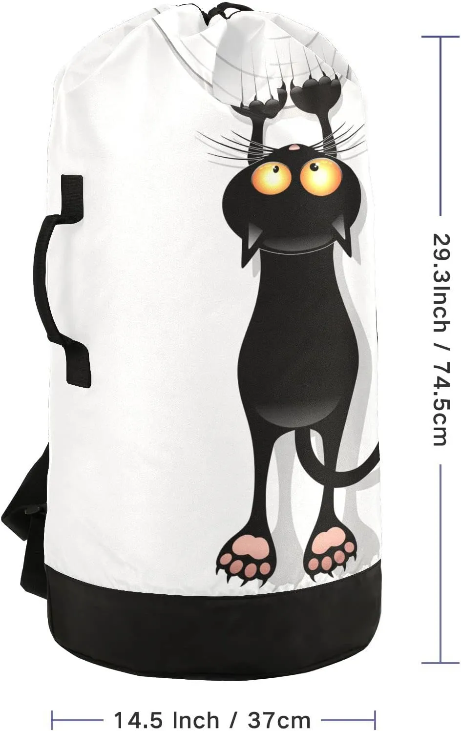 Oyihfvs Funny Black Cat Cartoon Scratching Curtains on White Backpack Laundry Bag, Laundry Backpack with Shoulder Straps, Waterproof Nylon Clothes Hamper Bag for Men Women Yoga Backpack