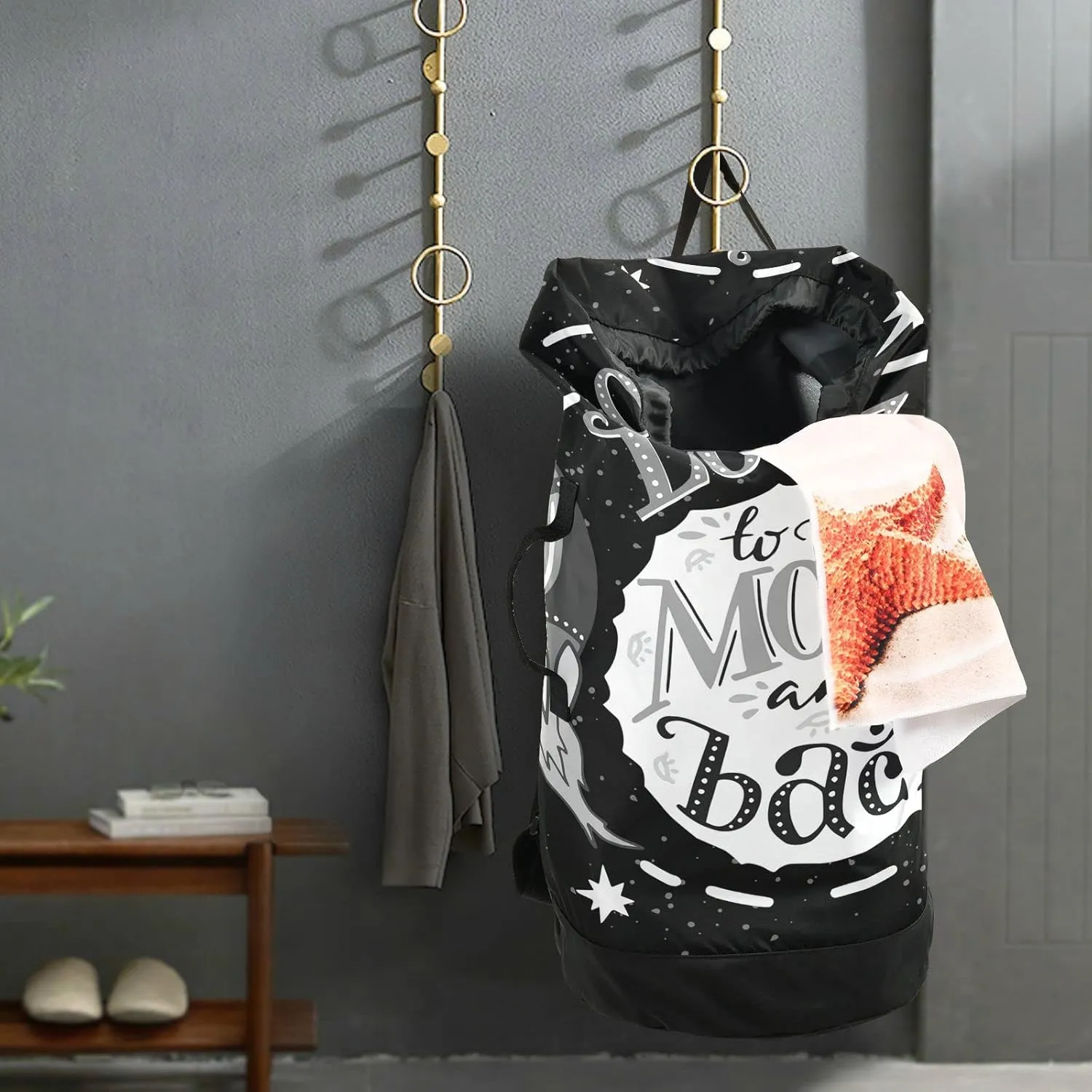 Oyihfvs I Love You to The Moon and Back on Black Backpack Laundry Bag, Laundry Backpack with Shoulder Straps, Waterproof Nylon Clothes Hamper Bag for Men Women Yoga Backpack