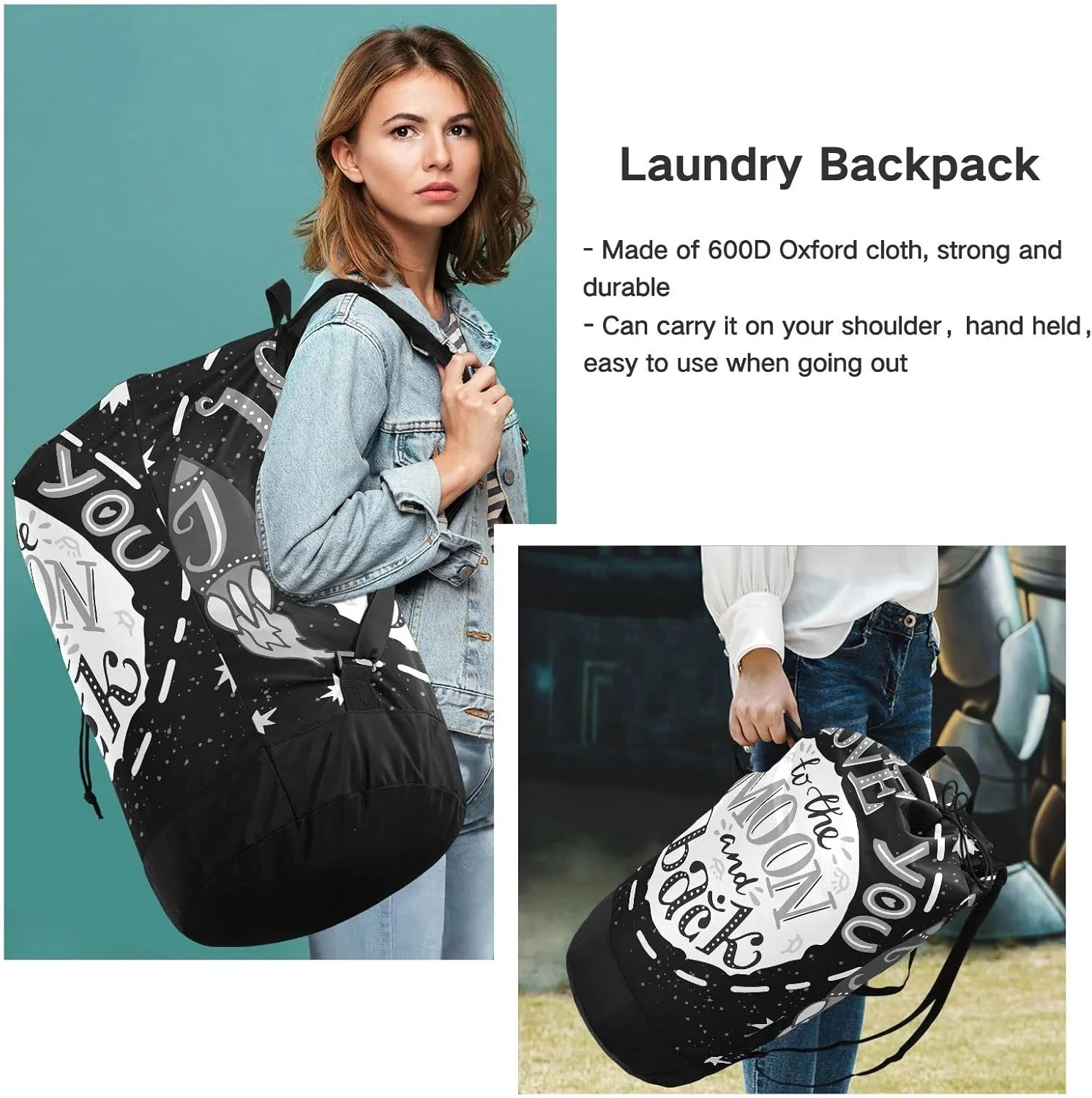 Oyihfvs I Love You to The Moon and Back on Black Backpack Laundry Bag, Laundry Backpack with Shoulder Straps, Waterproof Nylon Clothes Hamper Bag for Men Women Yoga Backpack