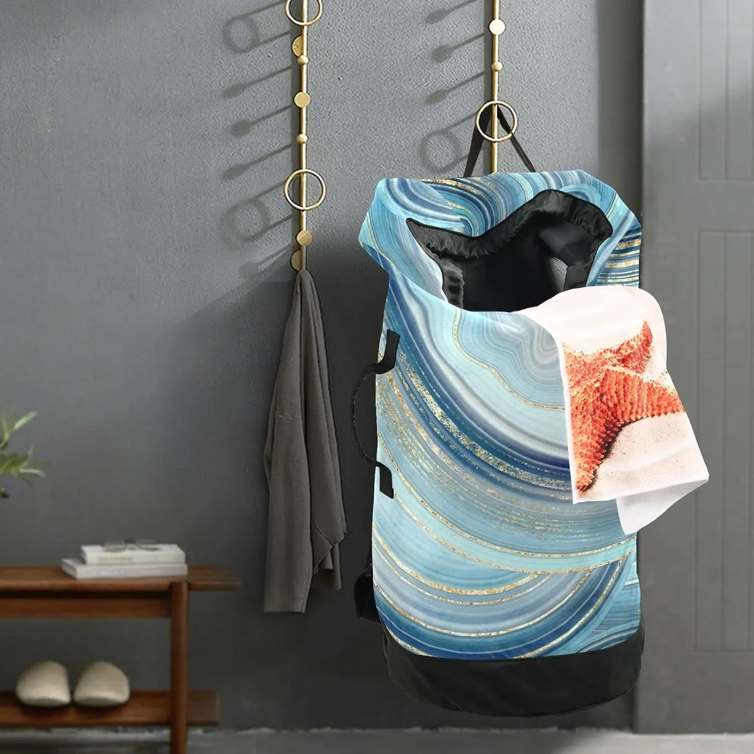 Oyihfvs Marble Agate with Turquoise Blue and Gold Veins Marbling Surface Backpack Laundry Bag, Laundry Backpack with Shoulder Straps, Waterproof Nylon Clothes Hamper Bag for Men Women Yoga Backpack