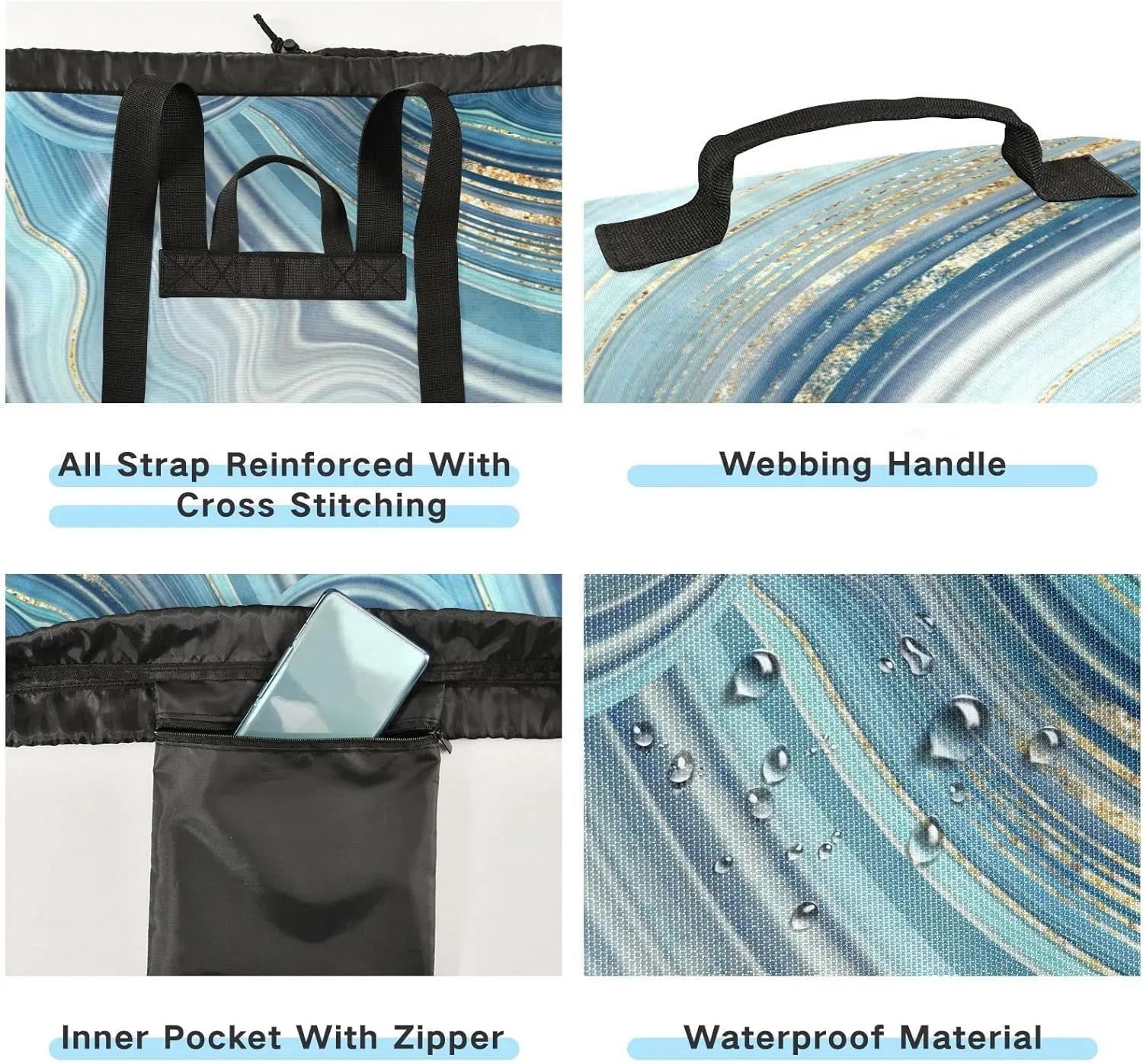 Oyihfvs Marble Agate with Turquoise Blue and Gold Veins Marbling Surface Backpack Laundry Bag, Laundry Backpack with Shoulder Straps, Waterproof Nylon Clothes Hamper Bag for Men Women Yoga Backpack
