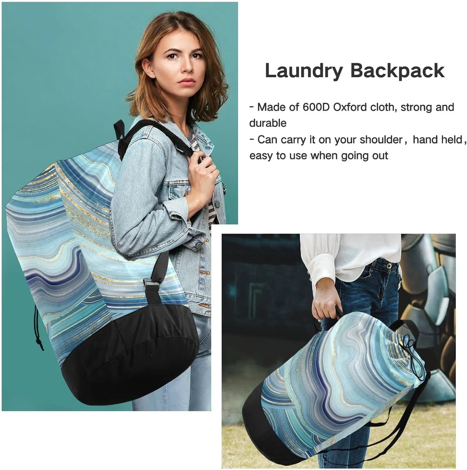 Oyihfvs Marble Agate with Turquoise Blue and Gold Veins Marbling Surface Backpack Laundry Bag, Laundry Backpack with Shoulder Straps, Waterproof Nylon Clothes Hamper Bag for Men Women Yoga Backpack