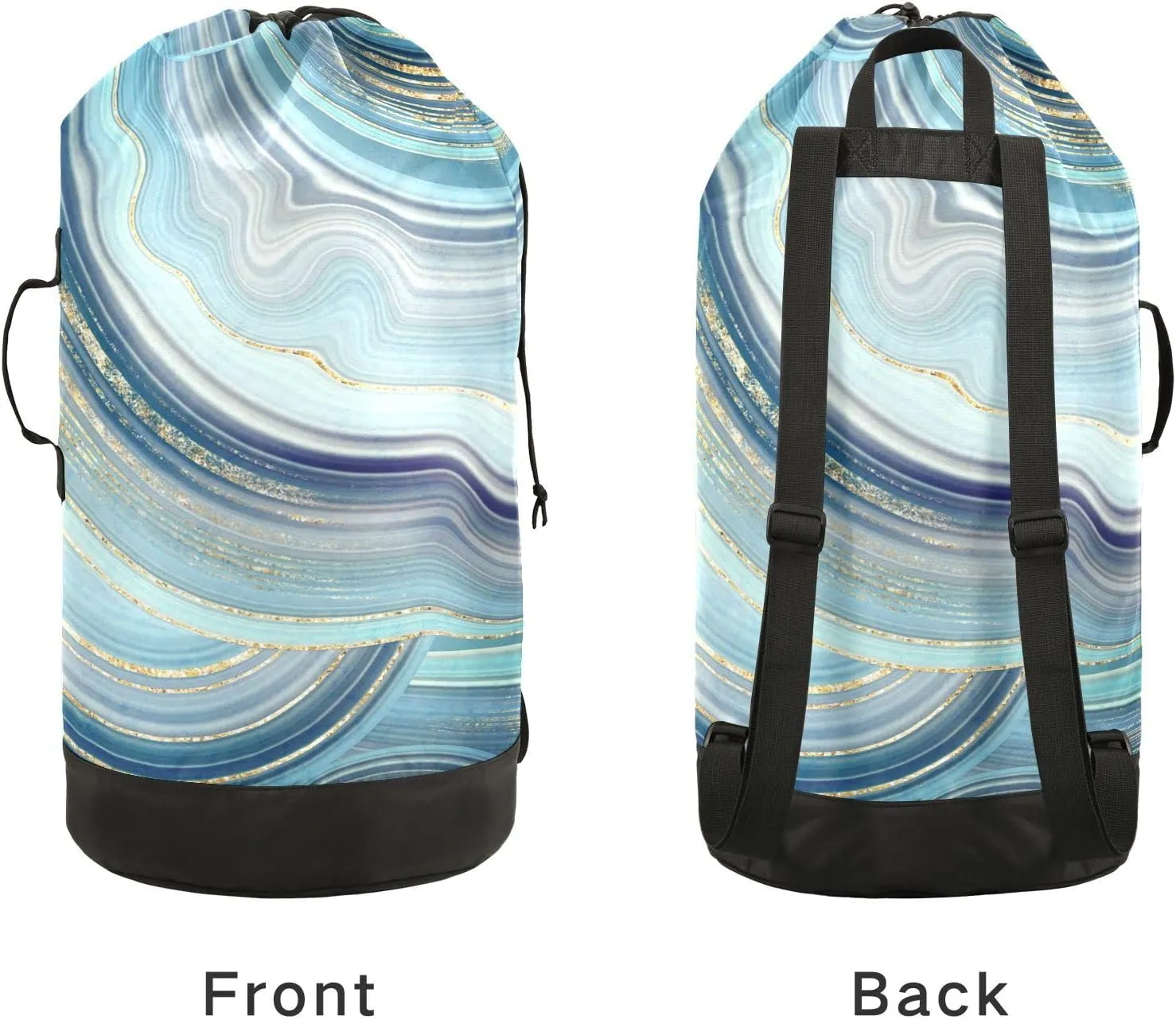 Oyihfvs Marble Agate with Turquoise Blue and Gold Veins Marbling Surface Backpack Laundry Bag, Laundry Backpack with Shoulder Straps, Waterproof Nylon Clothes Hamper Bag for Men Women Yoga Backpack
