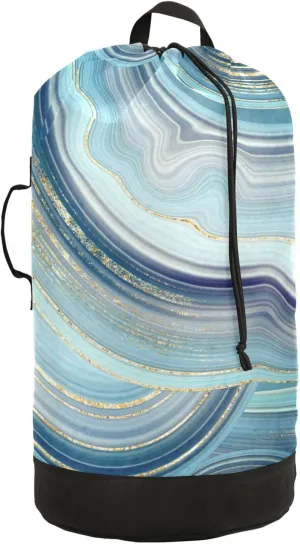 Oyihfvs Marble Agate with Turquoise Blue and Gold Veins Marbling Surface Backpack Laundry Bag, Laundry Backpack with Shoulder Straps, Waterproof Nylon Clothes Hamper Bag for Men Women Yoga Backpack