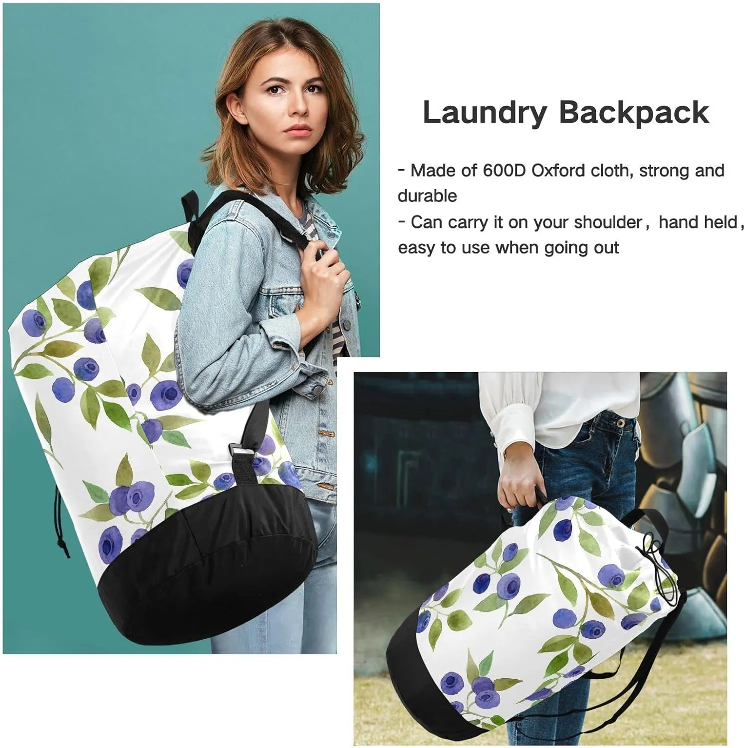 Oyihfvs Seamless Blue Berries with Green Leaves on White Backpack Laundry Bag, Laundry Backpack with Shoulder Straps, Waterproof Nylon Clothes Hamper Bag for Men Women Yoga Backpack
