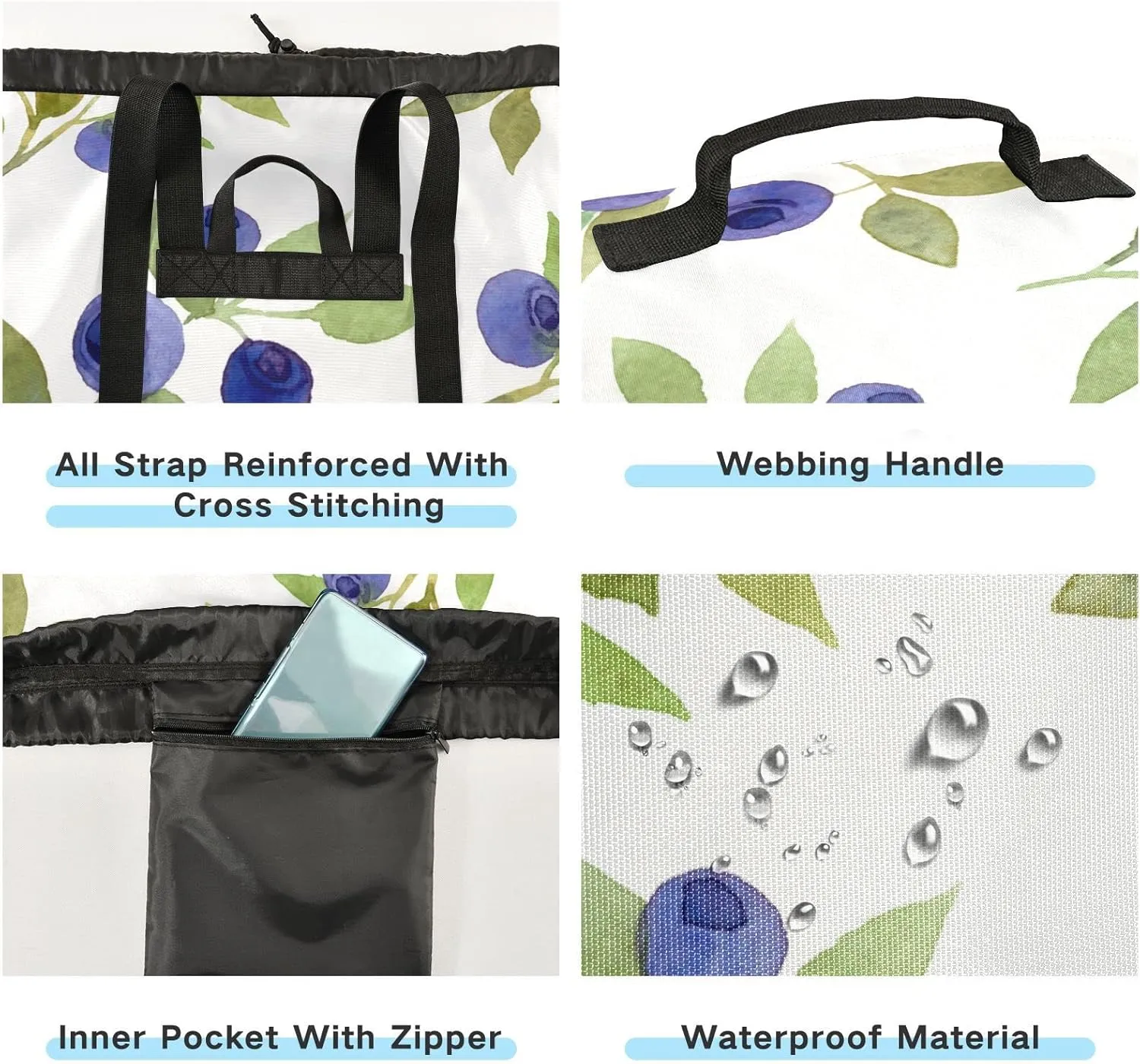Oyihfvs Seamless Blue Berries with Green Leaves on White Backpack Laundry Bag, Laundry Backpack with Shoulder Straps, Waterproof Nylon Clothes Hamper Bag for Men Women Yoga Backpack