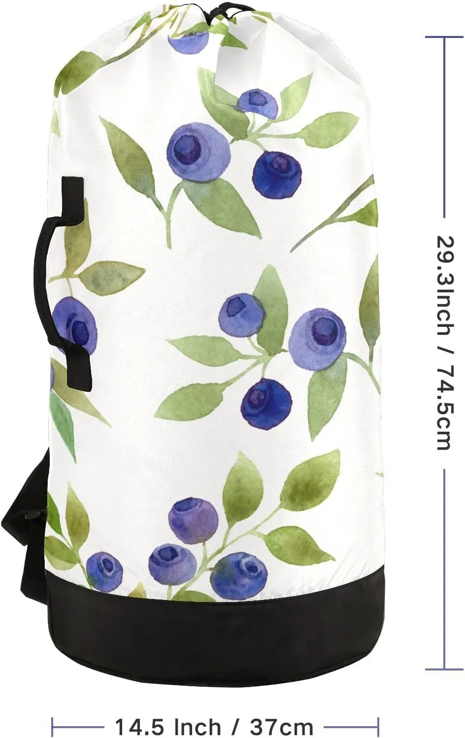Oyihfvs Seamless Blue Berries with Green Leaves on White Backpack Laundry Bag, Laundry Backpack with Shoulder Straps, Waterproof Nylon Clothes Hamper Bag for Men Women Yoga Backpack
