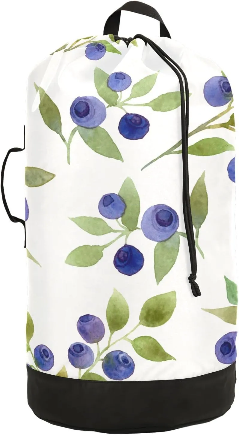 Oyihfvs Seamless Blue Berries with Green Leaves on White Backpack Laundry Bag, Laundry Backpack with Shoulder Straps, Waterproof Nylon Clothes Hamper Bag for Men Women Yoga Backpack