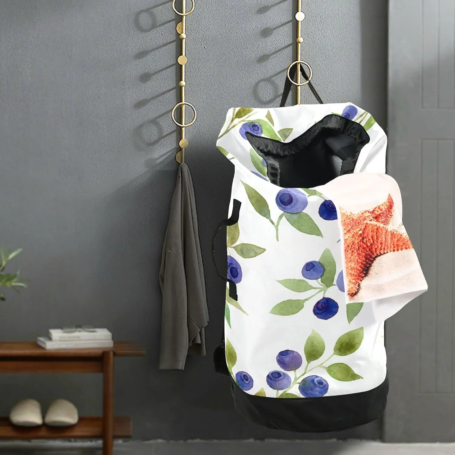 Oyihfvs Seamless Blue Berries with Green Leaves on White Backpack Laundry Bag, Laundry Backpack with Shoulder Straps, Waterproof Nylon Clothes Hamper Bag for Men Women Yoga Backpack