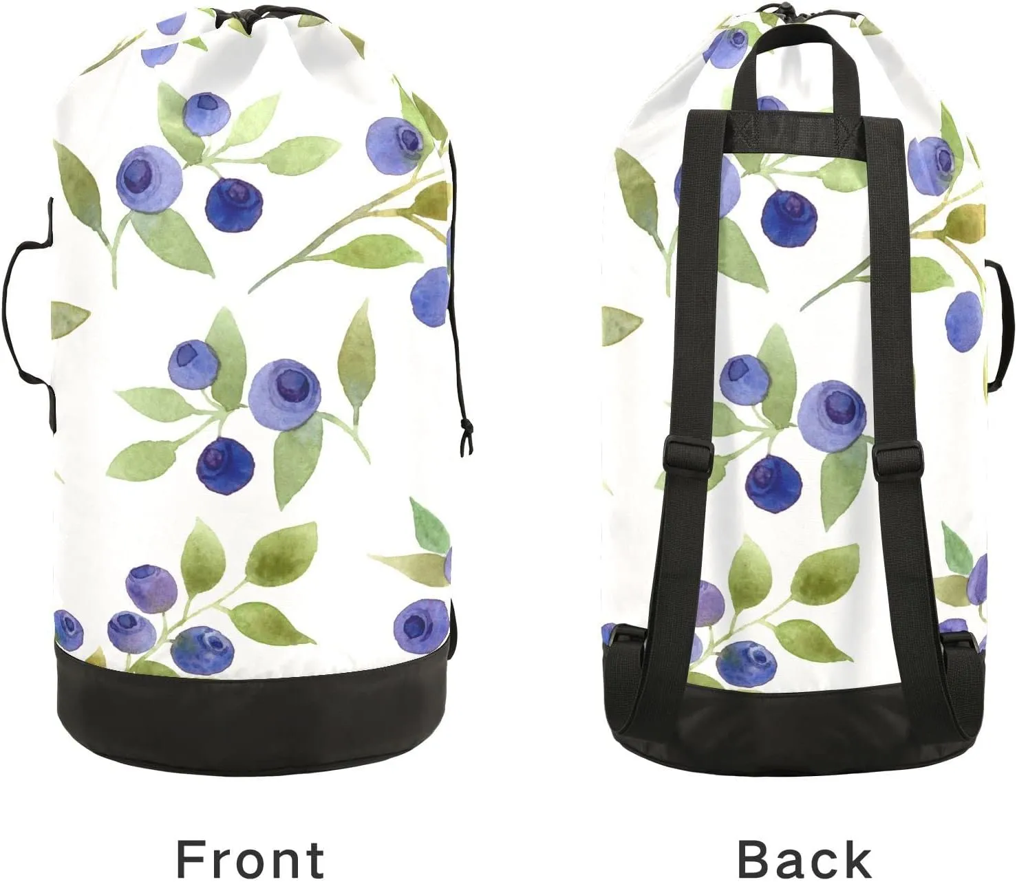 Oyihfvs Seamless Blue Berries with Green Leaves on White Backpack Laundry Bag, Laundry Backpack with Shoulder Straps, Waterproof Nylon Clothes Hamper Bag for Men Women Yoga Backpack