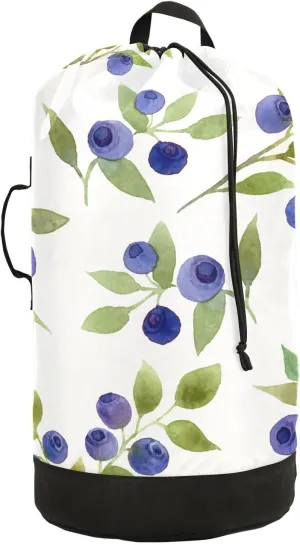 Oyihfvs Seamless Blue Berries with Green Leaves on White Backpack Laundry Bag, Laundry Backpack with Shoulder Straps, Waterproof Nylon Clothes Hamper Bag for Men Women Yoga Backpack