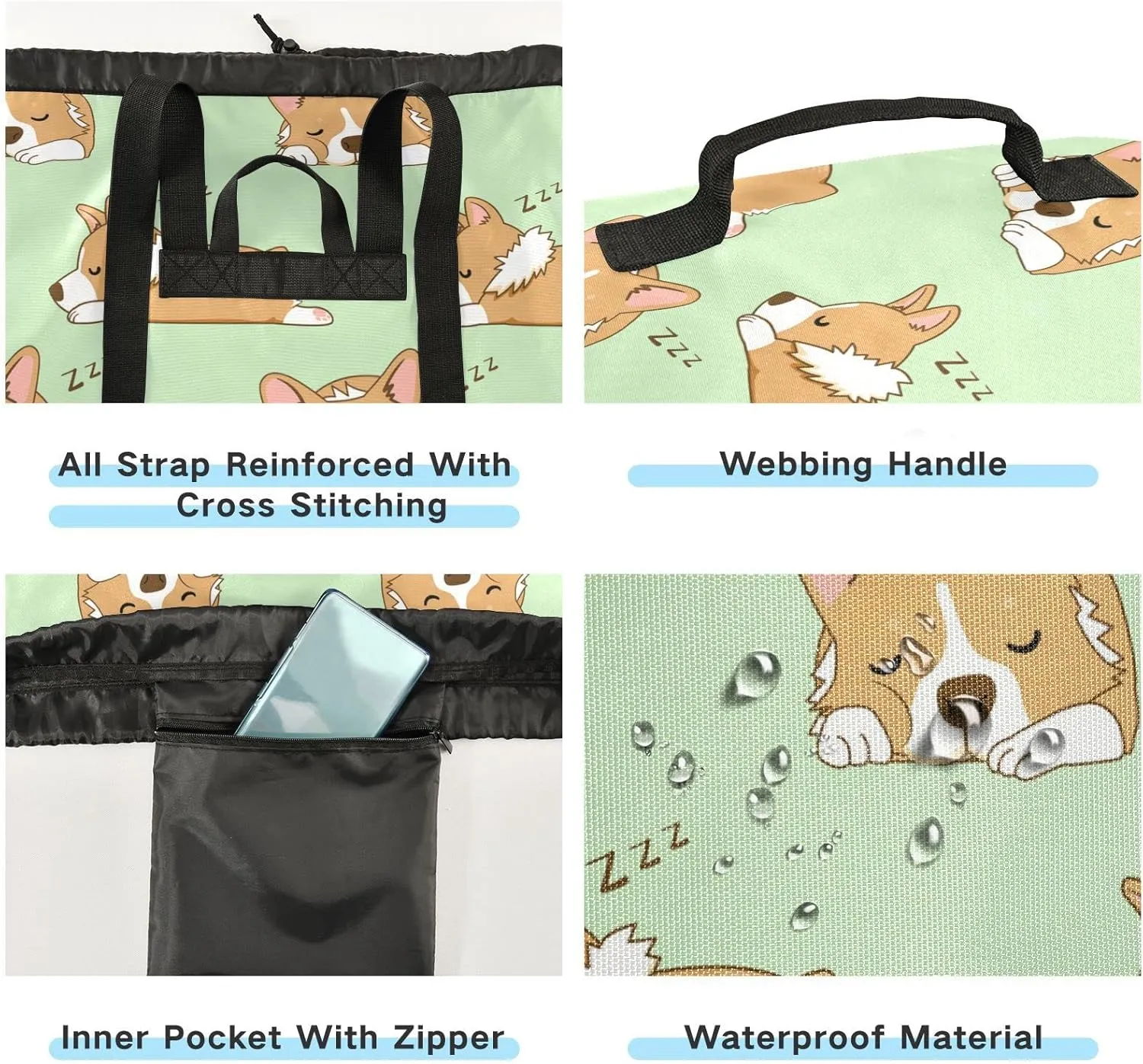 Oyihfvs Seamless Corgi Dogs Sleep Snooze on Green Backpack Laundry Bag, Laundry Backpack with Shoulder Straps, Waterproof Nylon Clothes Hamper Bag for Men Women Yoga Backpack