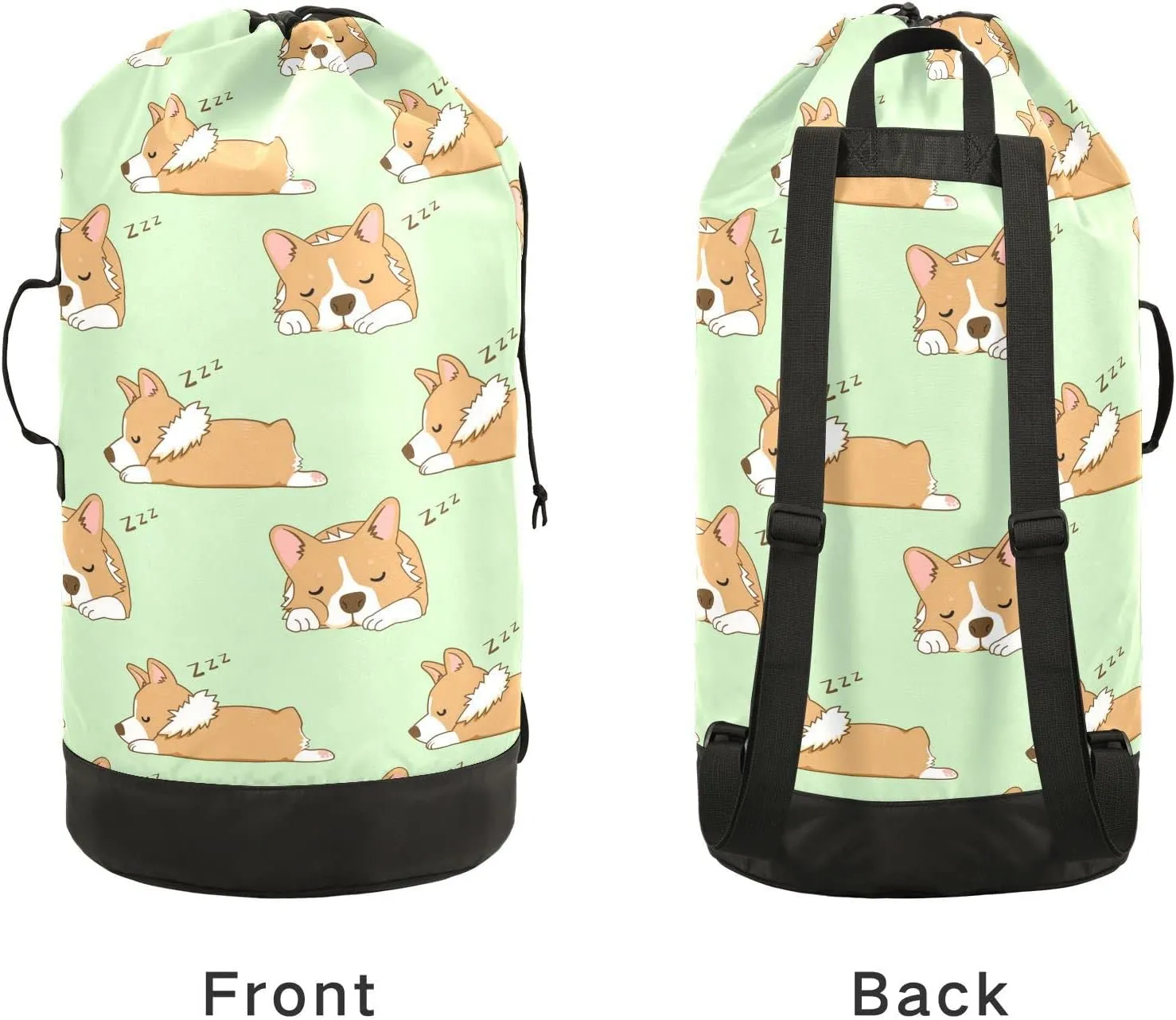 Oyihfvs Seamless Corgi Dogs Sleep Snooze on Green Backpack Laundry Bag, Laundry Backpack with Shoulder Straps, Waterproof Nylon Clothes Hamper Bag for Men Women Yoga Backpack