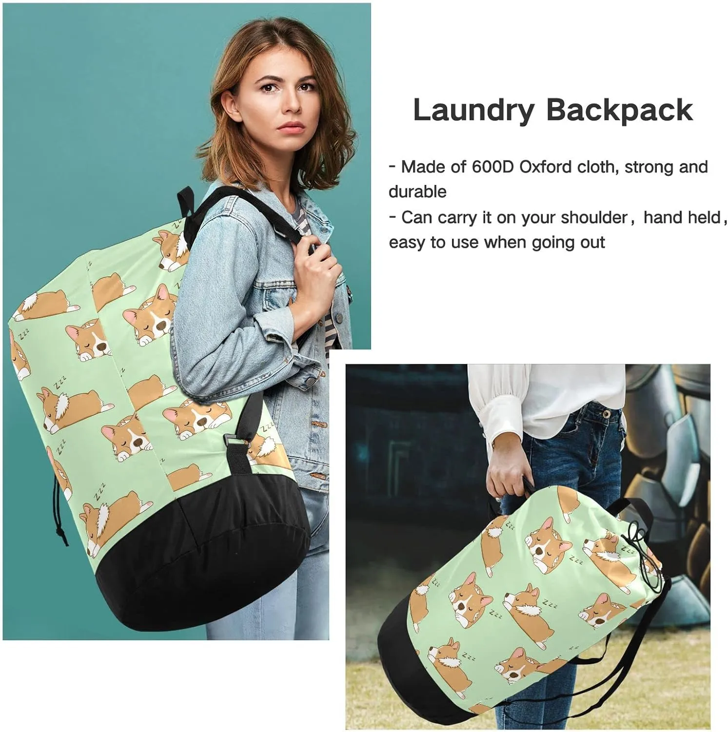 Oyihfvs Seamless Corgi Dogs Sleep Snooze on Green Backpack Laundry Bag, Laundry Backpack with Shoulder Straps, Waterproof Nylon Clothes Hamper Bag for Men Women Yoga Backpack