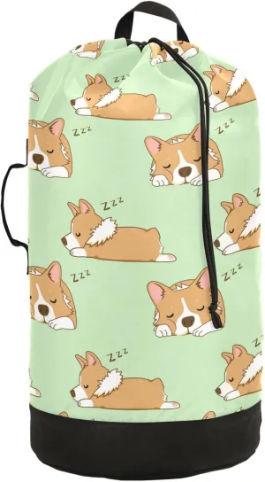 Oyihfvs Seamless Corgi Dogs Sleep Snooze on Green Backpack Laundry Bag, Laundry Backpack with Shoulder Straps, Waterproof Nylon Clothes Hamper Bag for Men Women Yoga Backpack