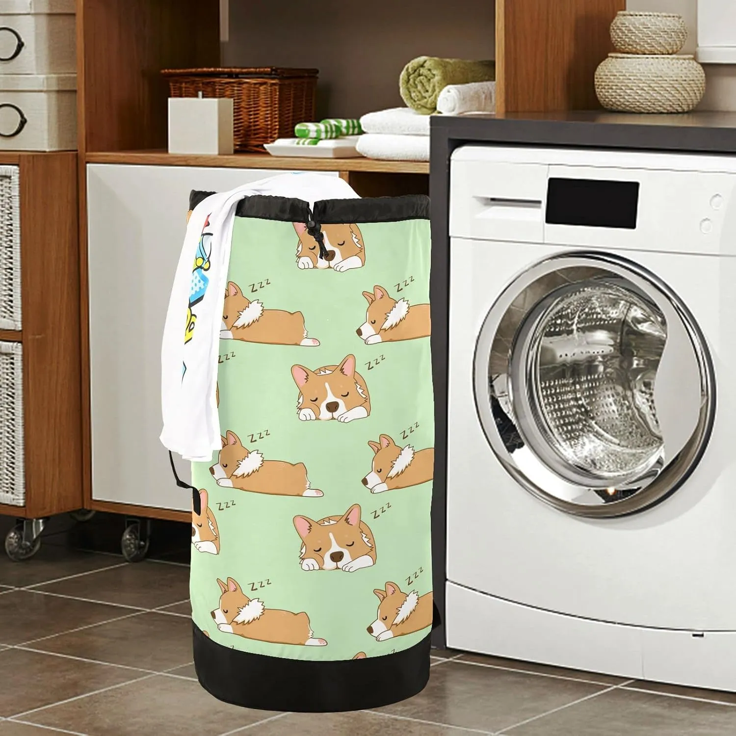 Oyihfvs Seamless Corgi Dogs Sleep Snooze on Green Backpack Laundry Bag, Laundry Backpack with Shoulder Straps, Waterproof Nylon Clothes Hamper Bag for Men Women Yoga Backpack