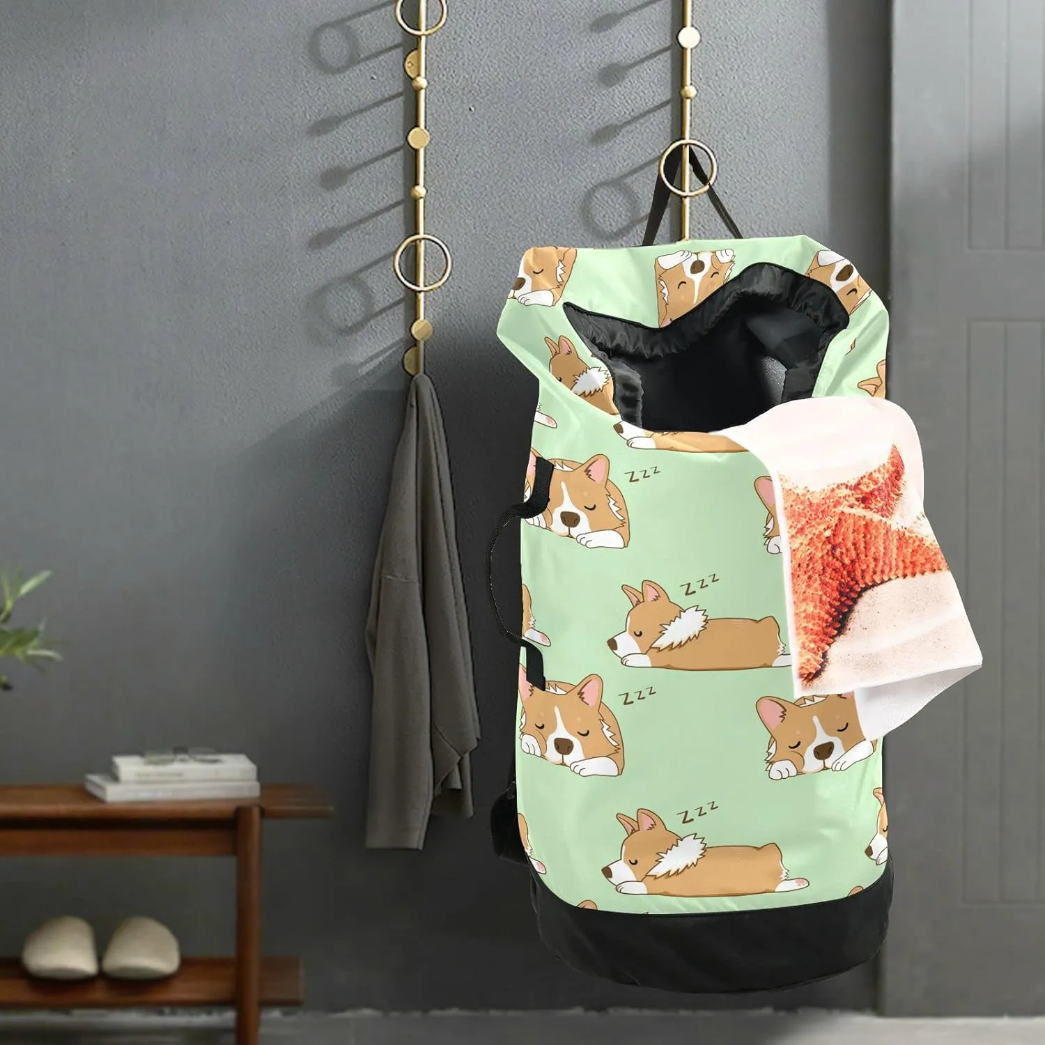 Oyihfvs Seamless Corgi Dogs Sleep Snooze on Green Backpack Laundry Bag, Laundry Backpack with Shoulder Straps, Waterproof Nylon Clothes Hamper Bag for Men Women Yoga Backpack