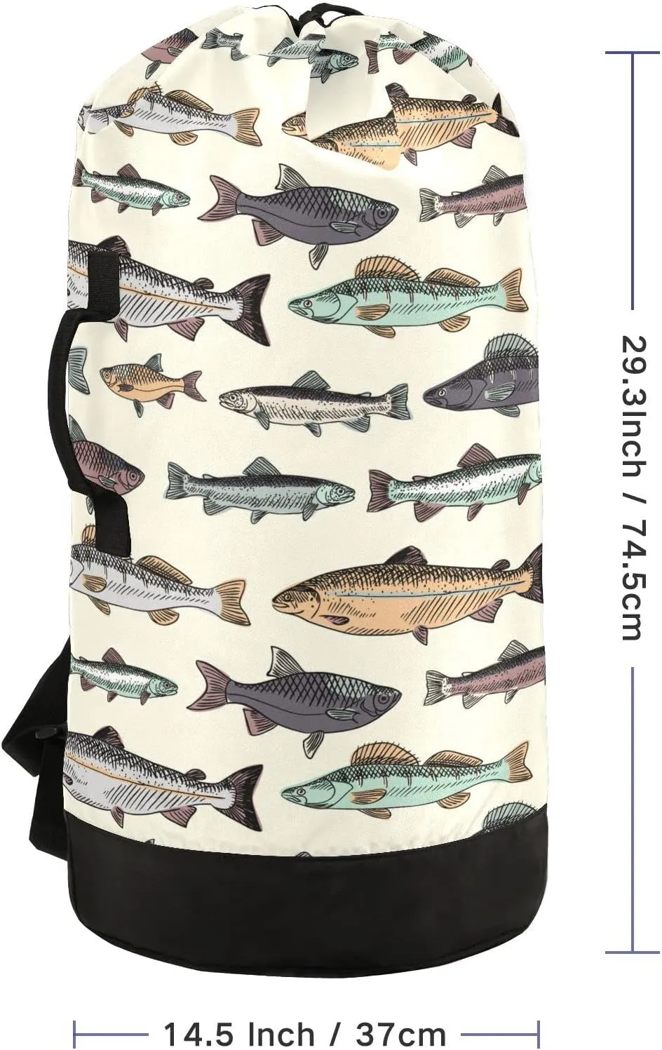 Oyihfvs Seamless Pattern with Vintage Hand Drawn Fishes Retro Style Backpack Laundry Bag, Laundry Backpack with Shoulder Straps, Waterproof Nylon Clothes Hamper Bag for Men Women Yoga Backpack