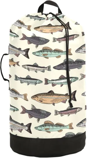 Oyihfvs Seamless Pattern with Vintage Hand Drawn Fishes Retro Style Backpack Laundry Bag, Laundry Backpack with Shoulder Straps, Waterproof Nylon Clothes Hamper Bag for Men Women Yoga Backpack
