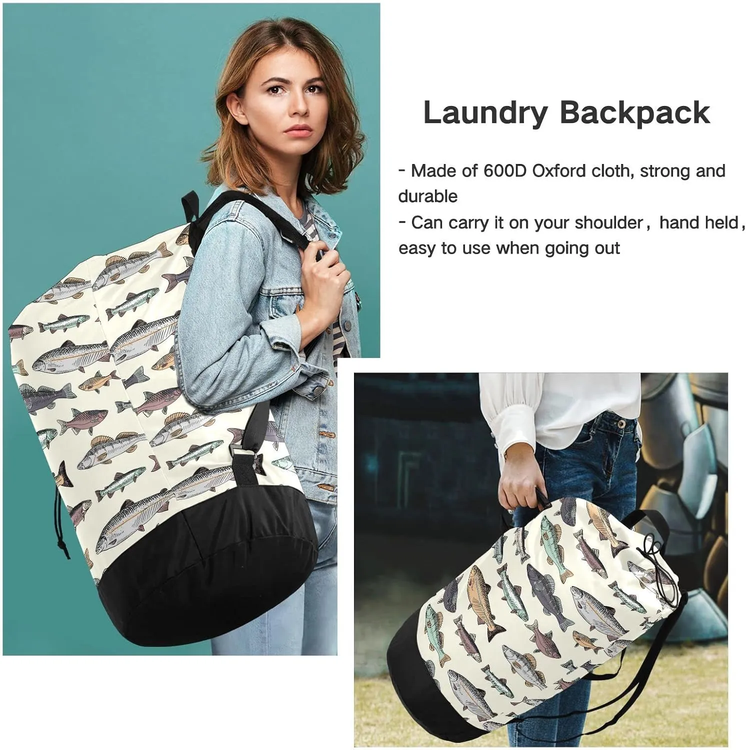 Oyihfvs Seamless Pattern with Vintage Hand Drawn Fishes Retro Style Backpack Laundry Bag, Laundry Backpack with Shoulder Straps, Waterproof Nylon Clothes Hamper Bag for Men Women Yoga Backpack