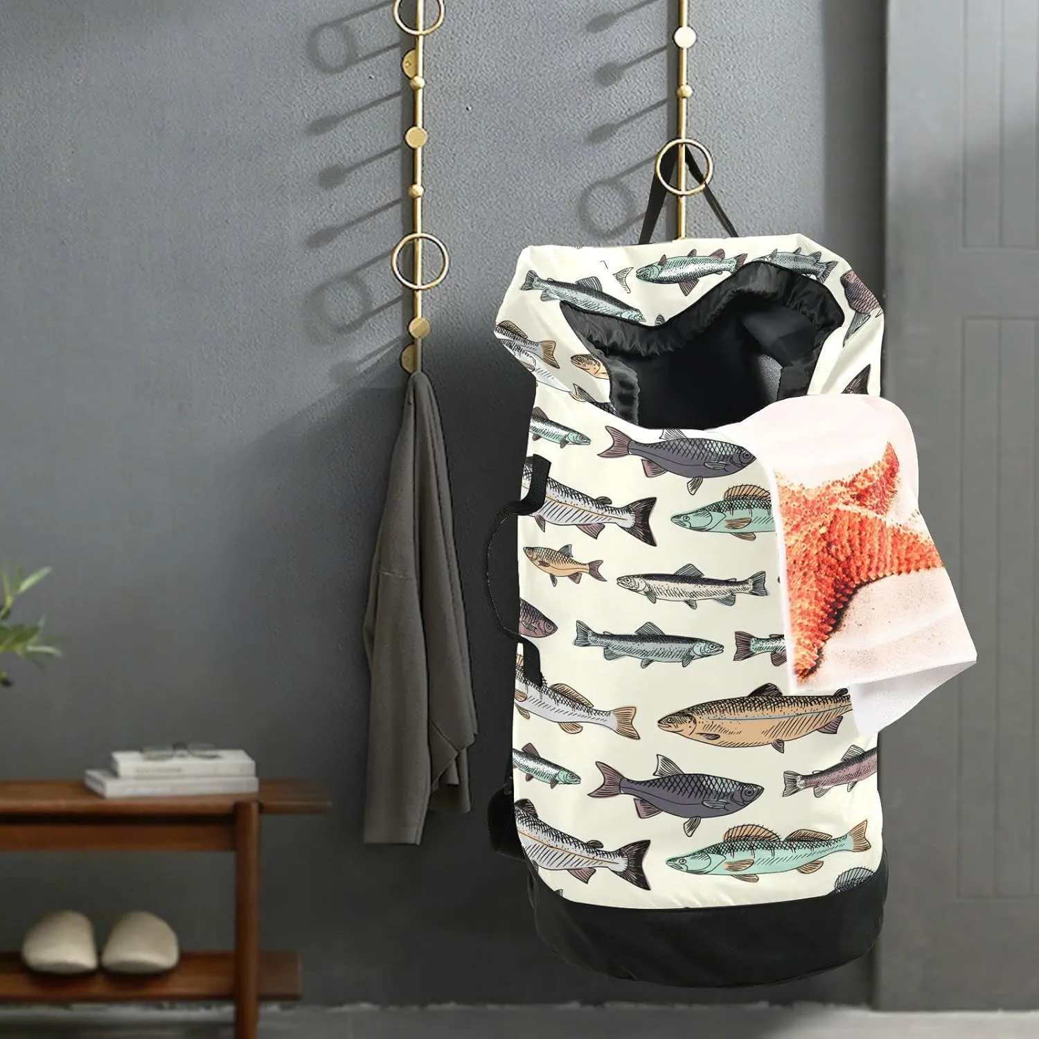 Oyihfvs Seamless Pattern with Vintage Hand Drawn Fishes Retro Style Backpack Laundry Bag, Laundry Backpack with Shoulder Straps, Waterproof Nylon Clothes Hamper Bag for Men Women Yoga Backpack