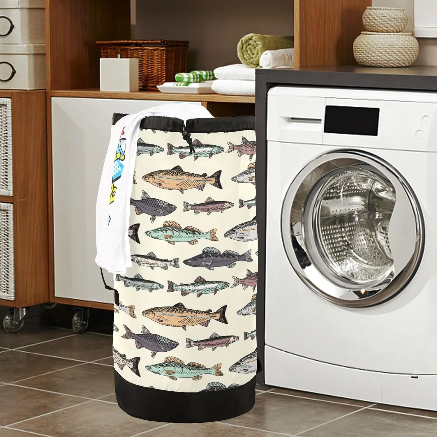 Oyihfvs Seamless Pattern with Vintage Hand Drawn Fishes Retro Style Backpack Laundry Bag, Laundry Backpack with Shoulder Straps, Waterproof Nylon Clothes Hamper Bag for Men Women Yoga Backpack