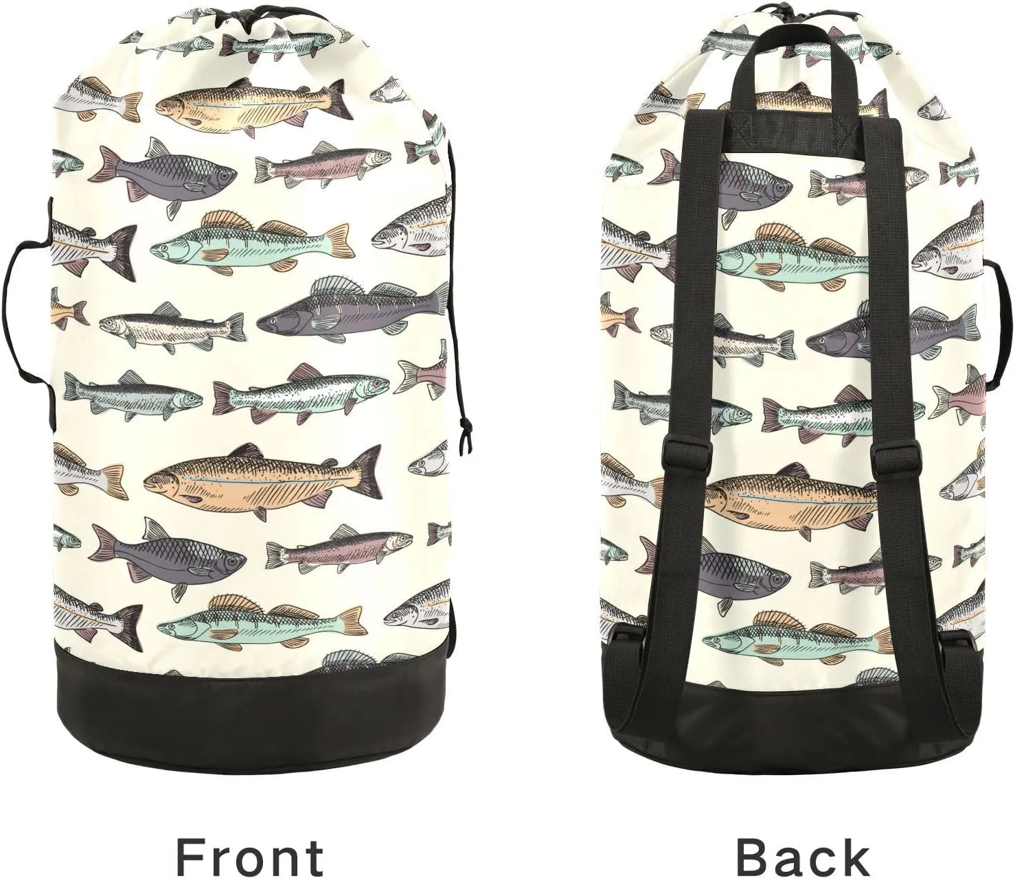 Oyihfvs Seamless Pattern with Vintage Hand Drawn Fishes Retro Style Backpack Laundry Bag, Laundry Backpack with Shoulder Straps, Waterproof Nylon Clothes Hamper Bag for Men Women Yoga Backpack