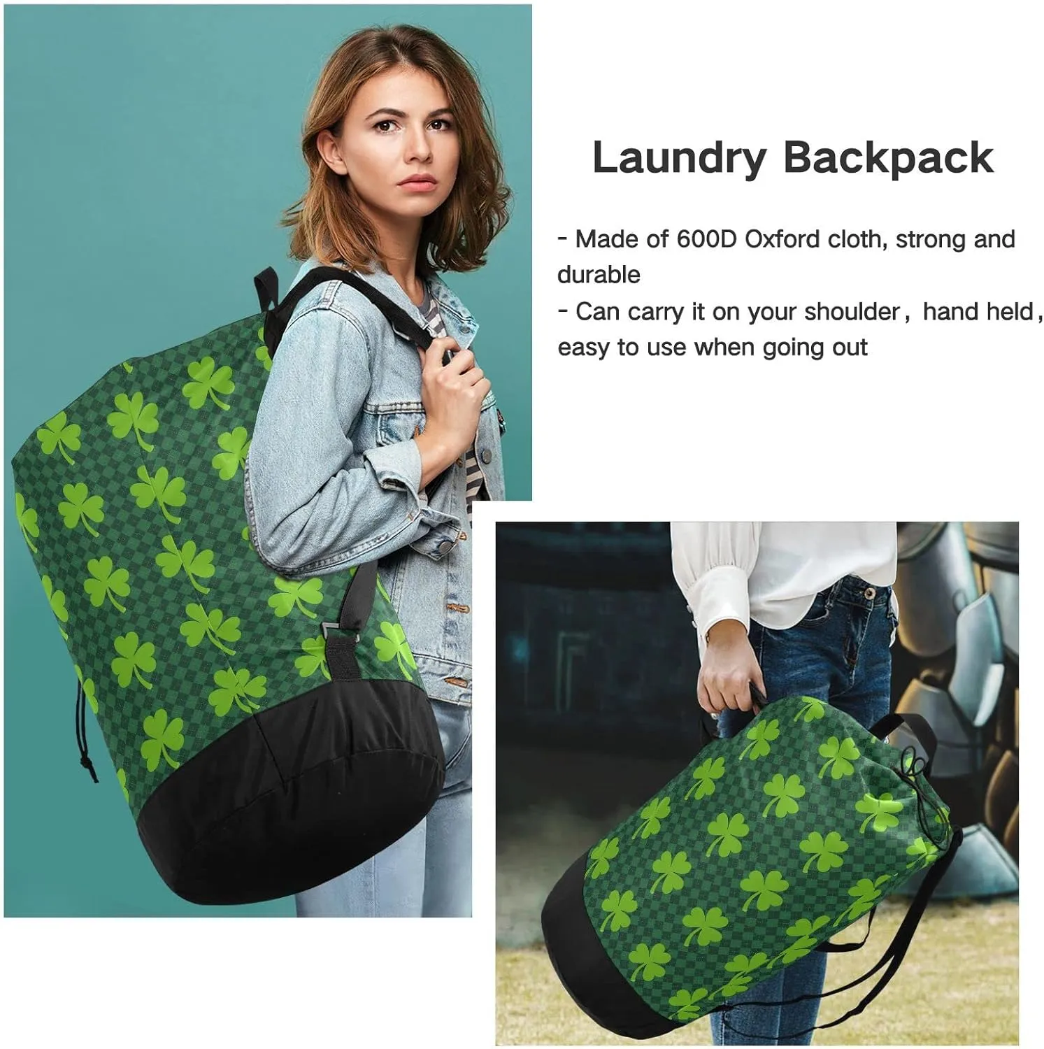 Oyihfvs St Patrick's Day Green Shamrock Clover Lucky on Checker Paid Backpack Laundry Bag, Laundry Backpack with Shoulder Straps, Waterproof Nylon Clothes Hamper Bag for Men Women Yoga Backpack