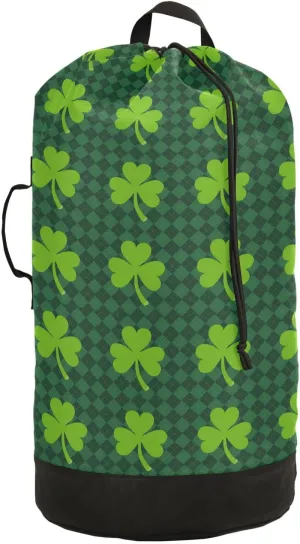 Oyihfvs St Patrick's Day Green Shamrock Clover Lucky on Checker Paid Backpack Laundry Bag, Laundry Backpack with Shoulder Straps, Waterproof Nylon Clothes Hamper Bag for Men Women Yoga Backpack